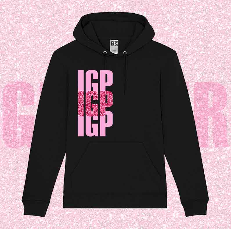 Felpa SOLO SCRITTE - IGP - Nera o Grigia, Scritta in Vinile GLITTER Ultra Brillante in colore a scelta - Unisex - dalla XS alla 3XL