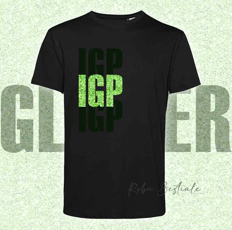 T-Shirt SOLO SCRITTE - IGP - Nera, scritta GLITTER Ultra Brillante in colore a scelta - Uomo o Donna - dalla XS alla 5XL