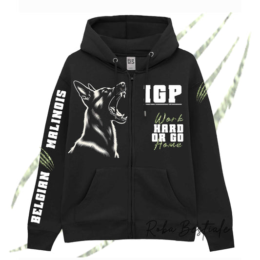 Felpa Zip IGP4 - PASTORE BELGA MALINOIS - GLITTER! Unisex - Nera - Dettagli in Colore a Scelta - dalla XS alla 3XL