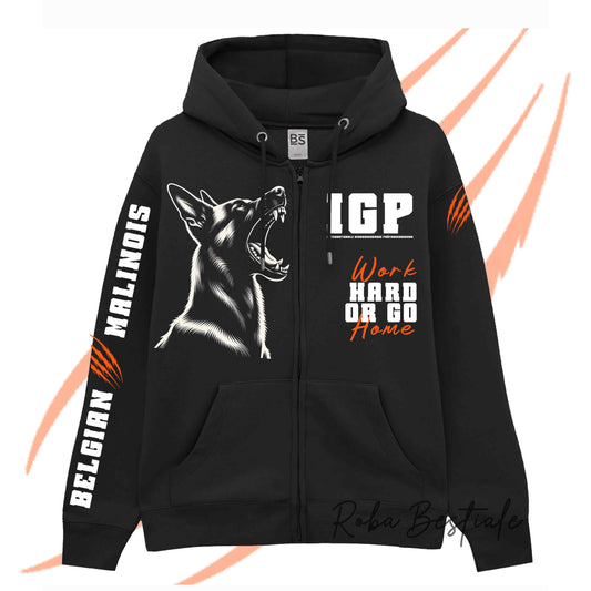 Felpa Zip IGP4 - PASTORE BELGA MALINOIS - Unisex - Nera - Dettagli in Colore a Scelta - dalla XS alla 3XL