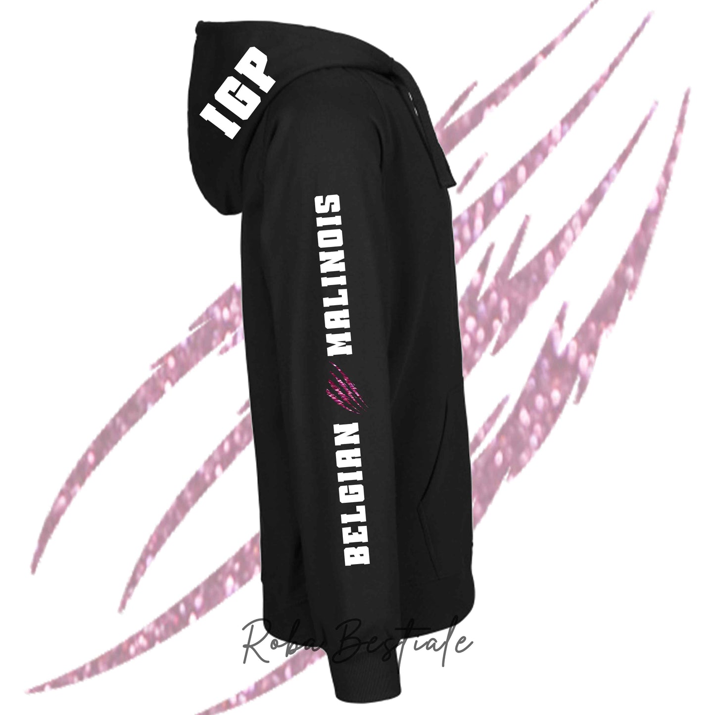 Felpa Zip IGP4 - PASTORE BELGA MALINOIS - GLITTER! Unisex - Nera - Dettagli in Colore a Scelta - dalla XS alla 3XL