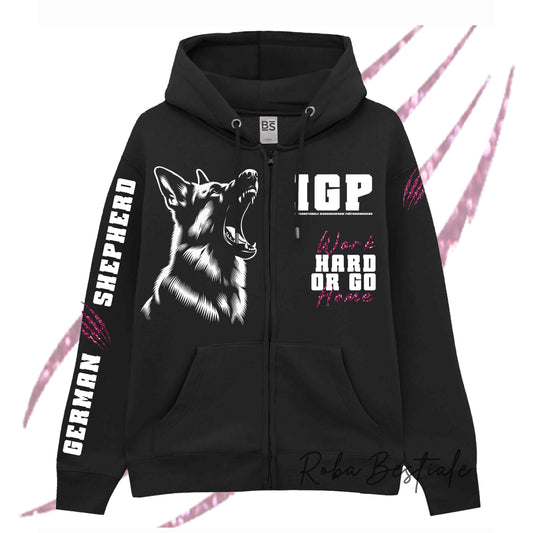 Felpa Zip IGP4 - PASTORE TEDESCO - GLITTER! Unisex - Nera - Dettagli in Colore a Scelta - dalla XS alla 3XL