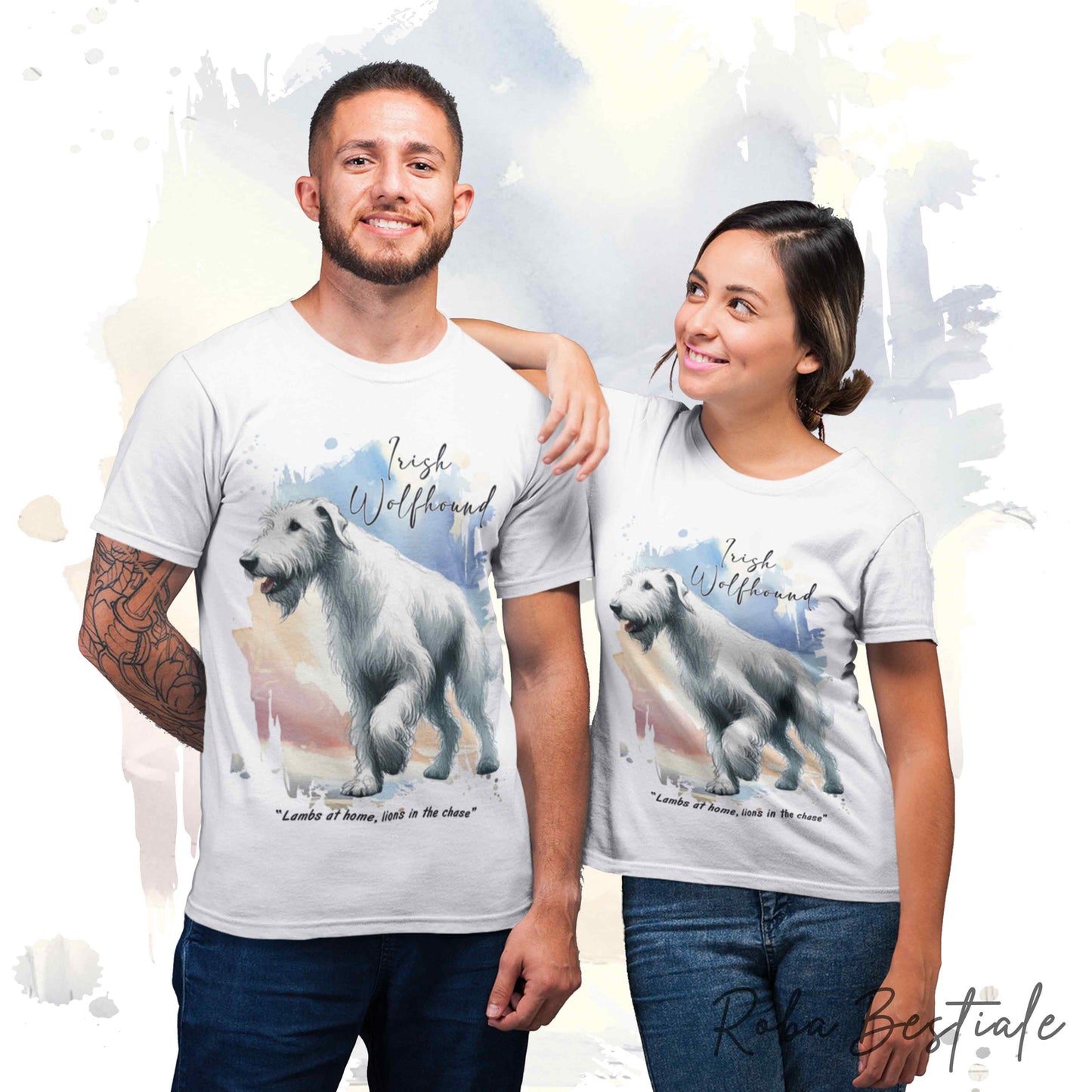 T-Shirt BEHAVIOR - IRISH WOLFHOUND Bianco - Standard FCI - 100% Cotone, Bianca, Uomo o Donna - dalla XS alla 5XL