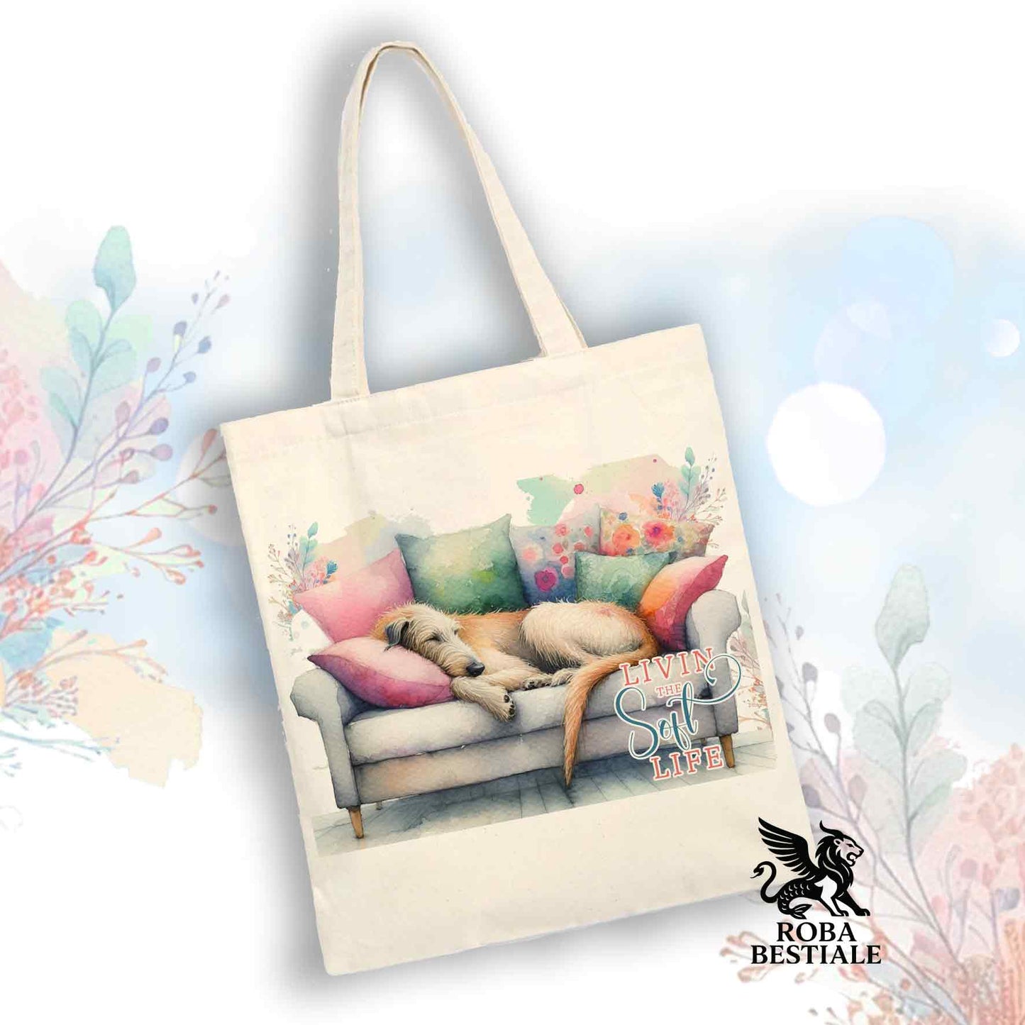 Tote Bag SOFT LIFE - IRISH WOLFHOUND Rosso - 100% Cotone - Bianca o Beige