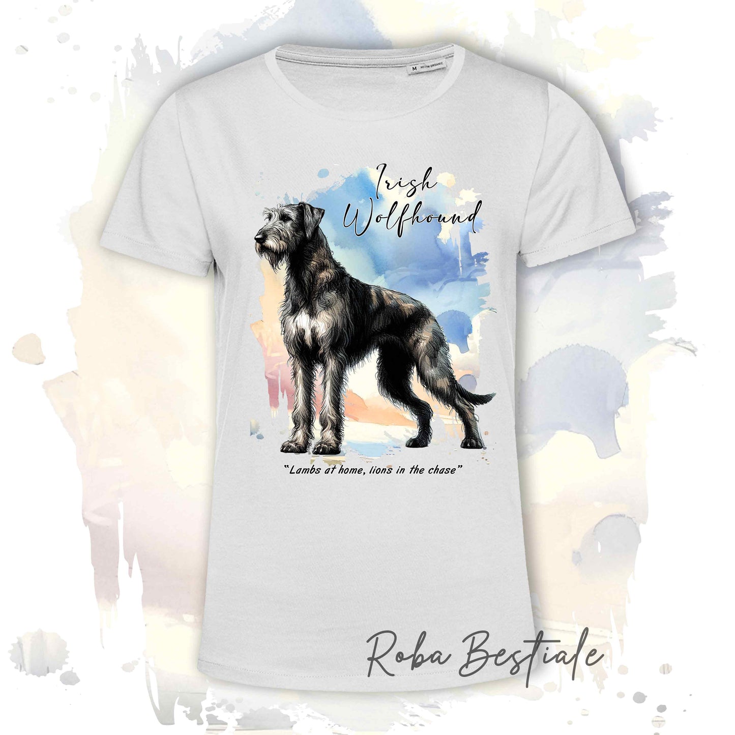 T-Shirt BEHAVIOR - IRISH WOLFHOUND Tigrato - Standard FCI - 100% Cotone, Bianca, Uomo o Donna - dalla XS alla 5XL