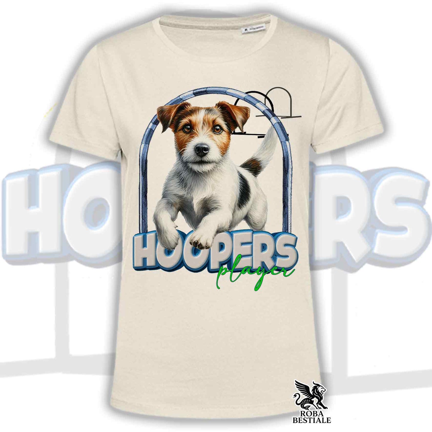 T-Shirt HOOPERS Player - JACK RUSSELL TERRIER Broken - Bianca o Beige, da Uomo o da Donna - dalla XS alla 5XL