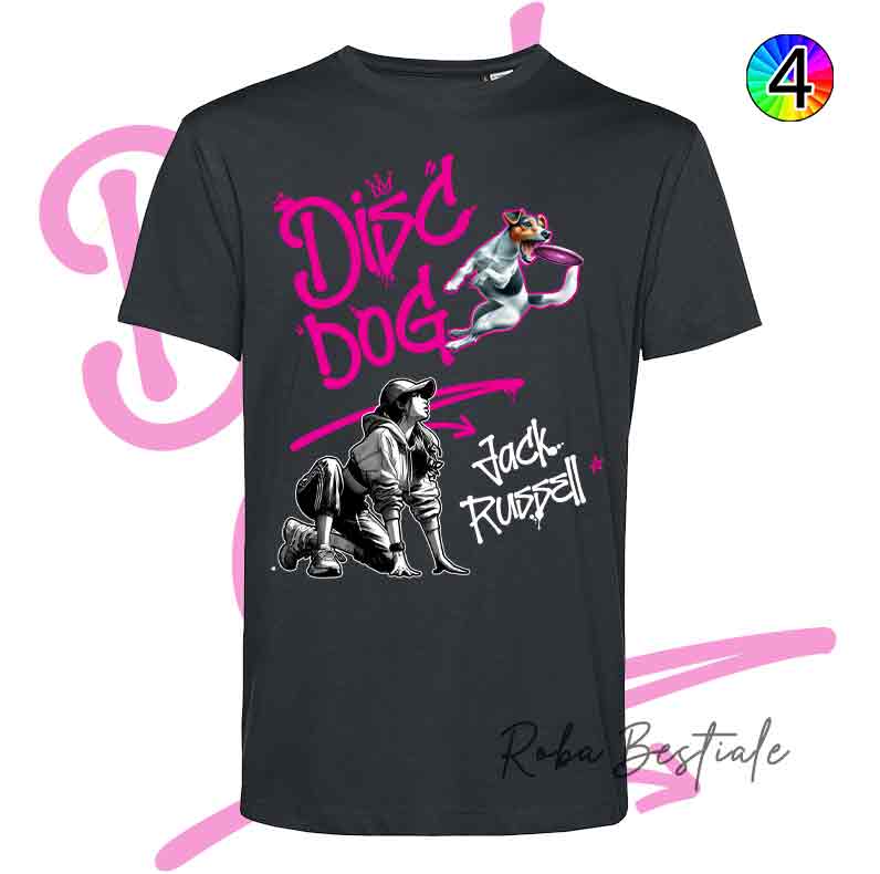 T-Shirt NERA Disc Dog GRAFFITI - JACK RUSSELL TERRIER - Design "GIRL" - Dettagli in 4 colori!