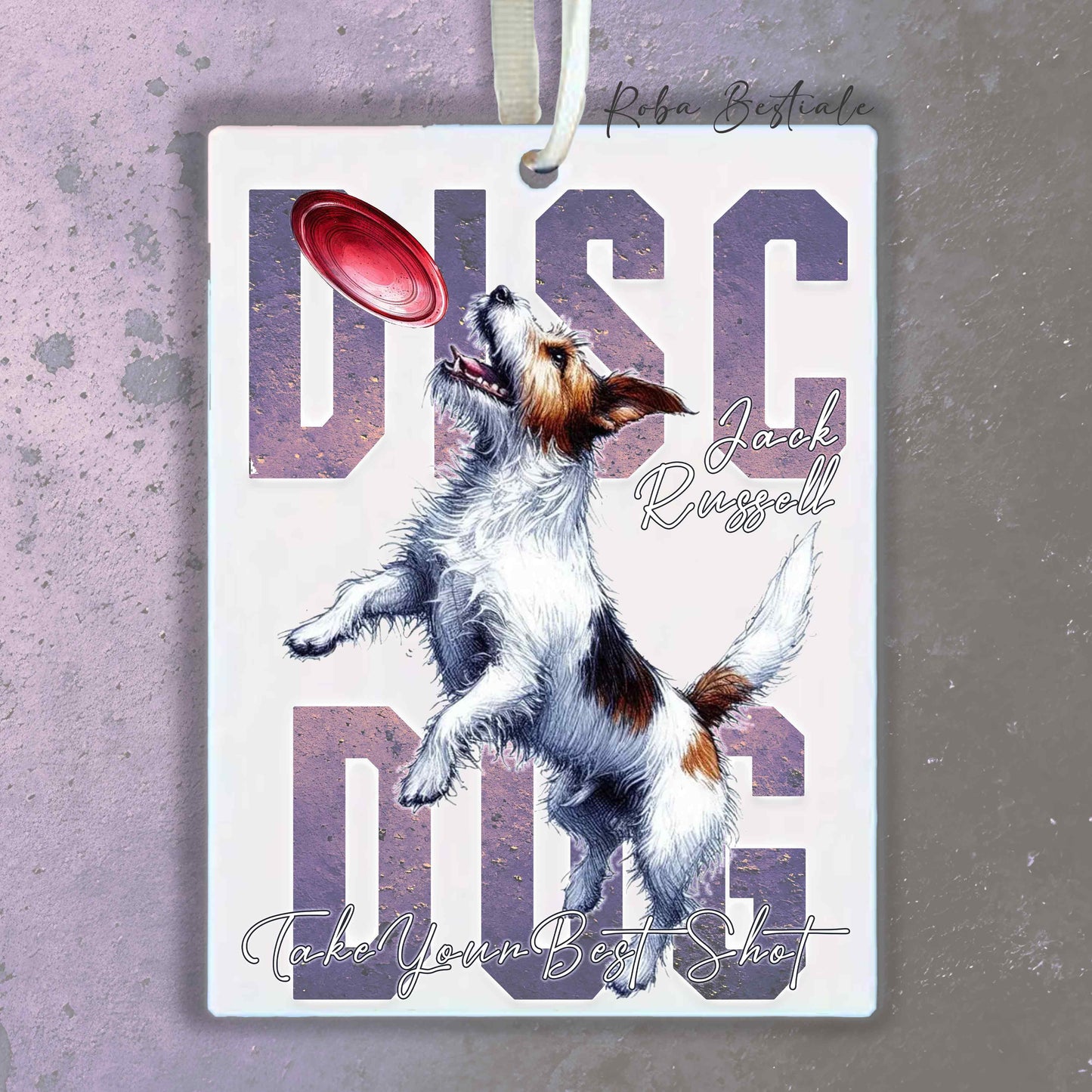 Deodorante Auto APTITUDE - DISC DOG - JACK RUSSELL TERRIER Rough - In Feltro, con cordino - 7,5 x 10 cm