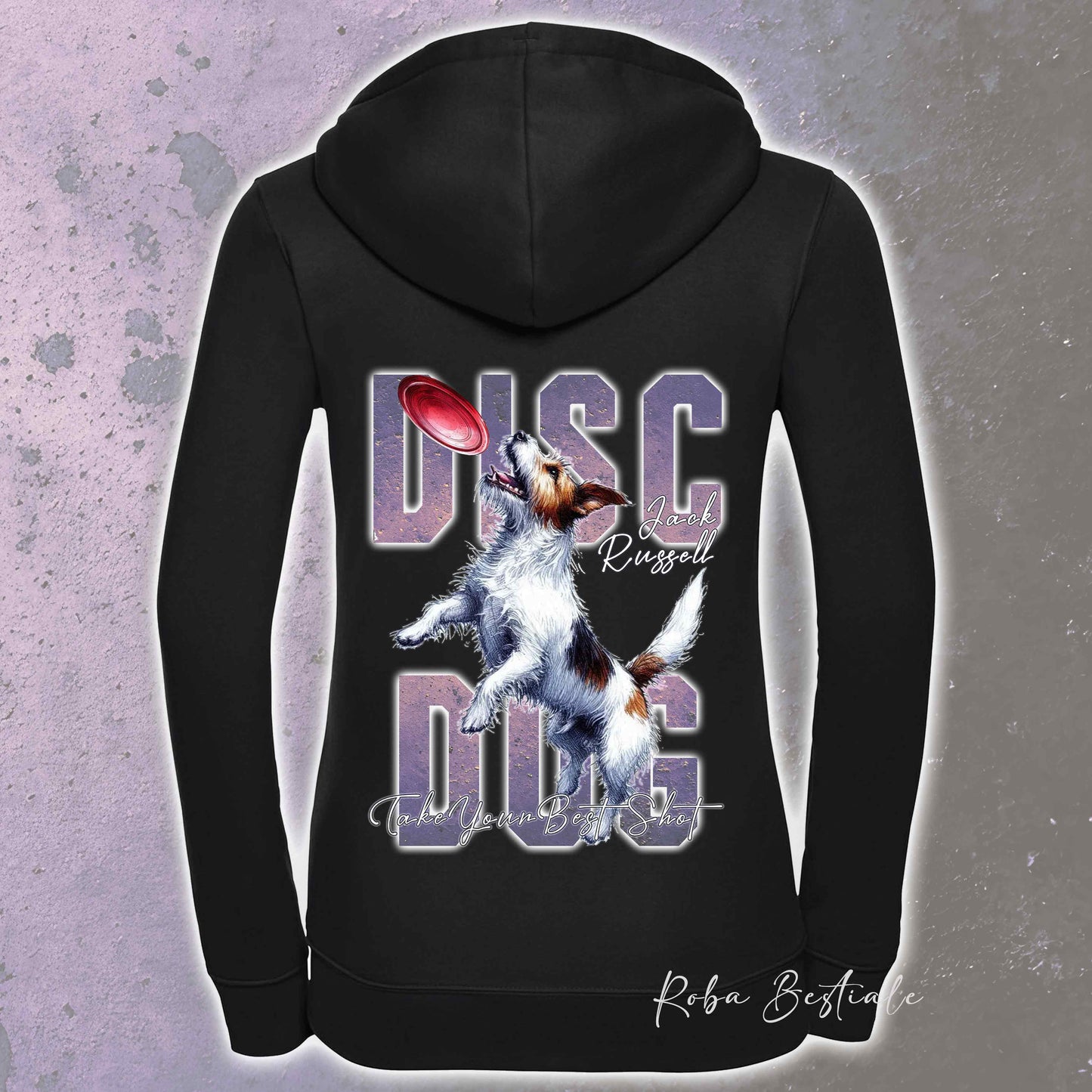 Felpa APTITUDE - DISC DOG - JACK RUSSELL TERRIER Rough - Con Cappuccio e Full Zip, Uomo o Donna, in tanti colori - dalla XS alla 5XL