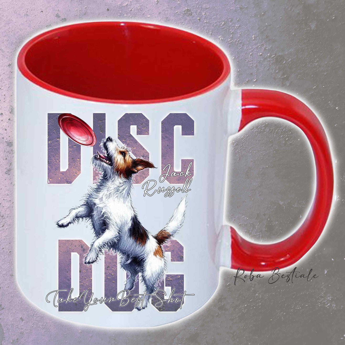 Tazza APTITUDE - DISC DOG - JACK RUSSELL TERRIER Rough - In Ceramica, con manico e interno colorato - 330 ml