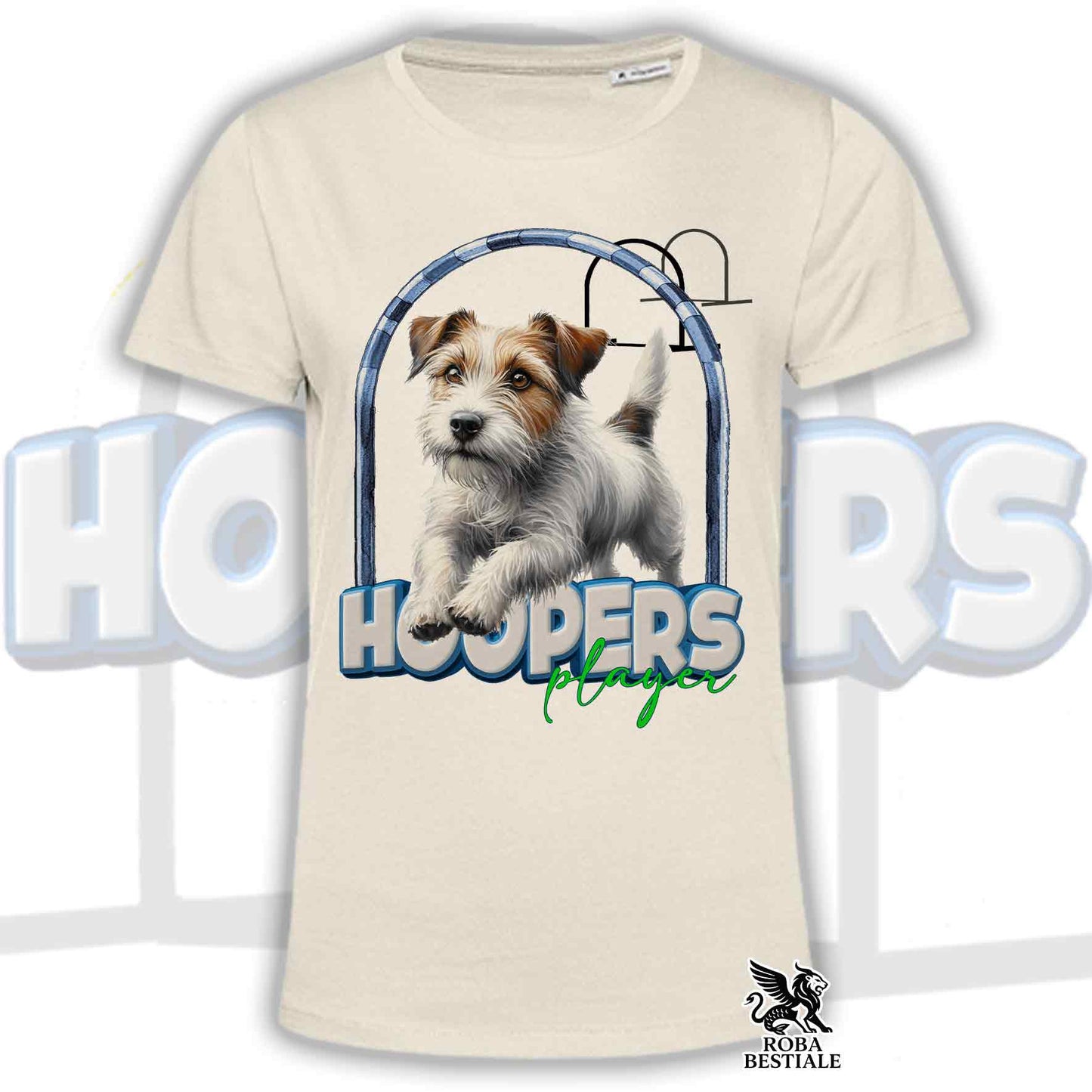 T-Shirt HOOPERS Player - JACK RUSSELL TERRIER a Pelo Ruvido - Bianca o Beige, da Uomo o da Donna - dalla XS alla 5XL