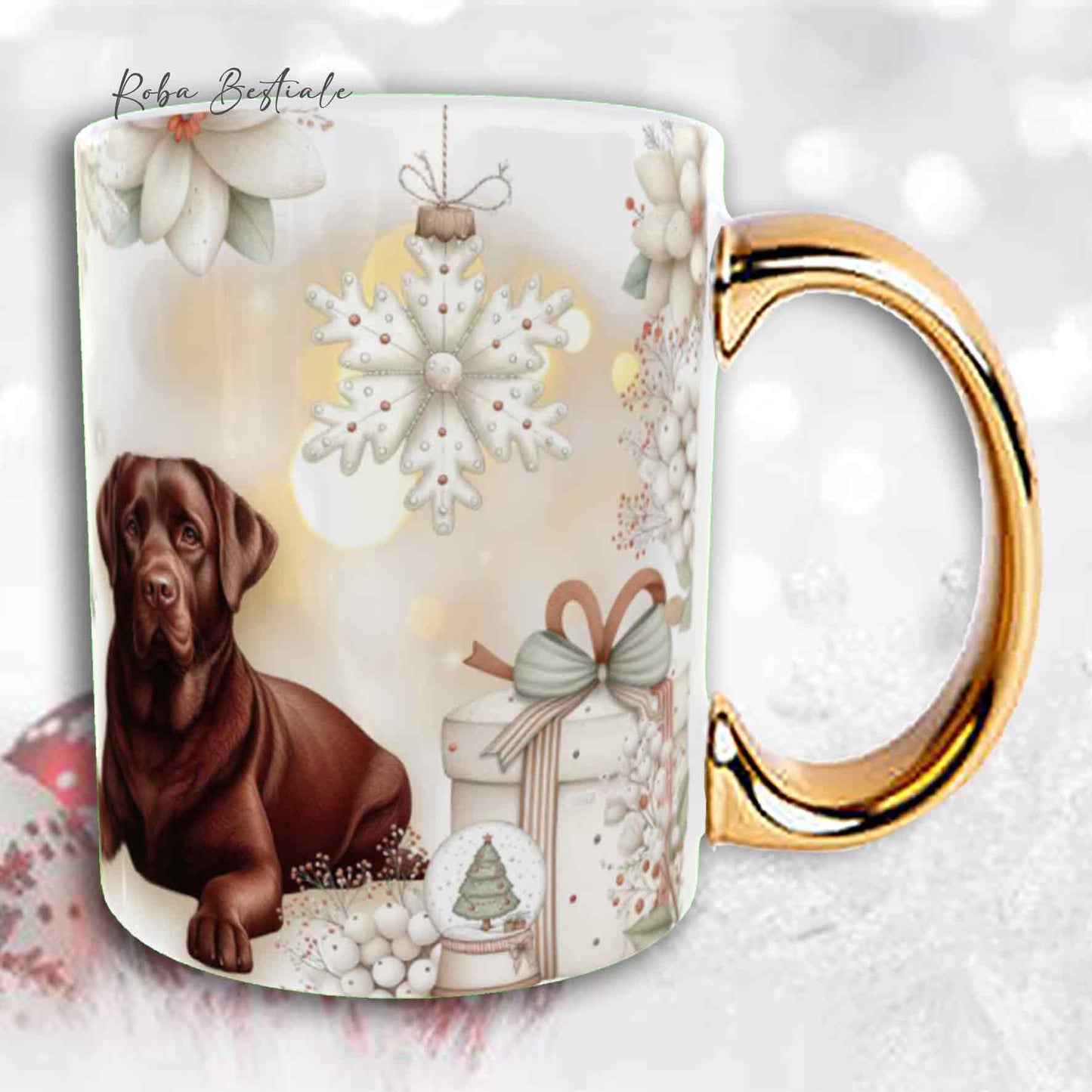 Tazza COZY WINTER - LABRADOR RETRIEVER Cioccolato - In Ceramica, con manico color Oro - 330 ml