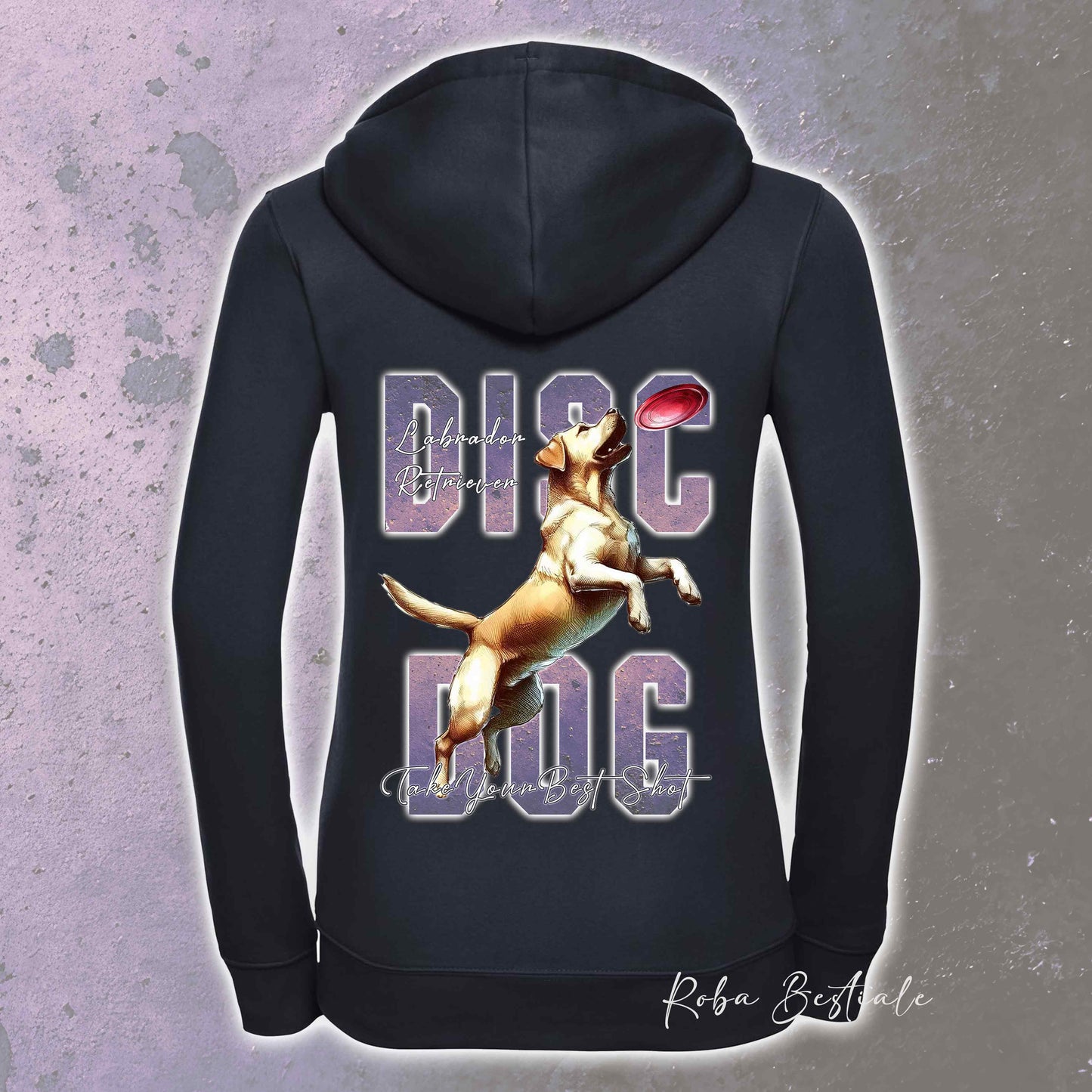 Felpa APTITUDE - DISC DOG - LABRADOR RETRIEVER - Con Cappuccio e Full Zip, Uomo o Donna, in tanti colori - dalla XS alla 5XL