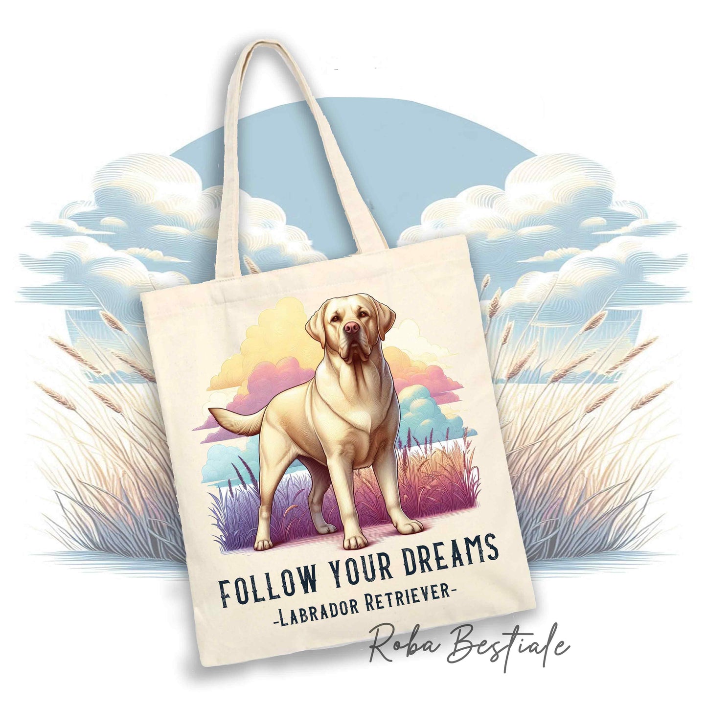 Shopper QUOTES "DREAM" - LABRADOR RETRIEVER Giallo - Diversi colori disponibili, 100% Cotone