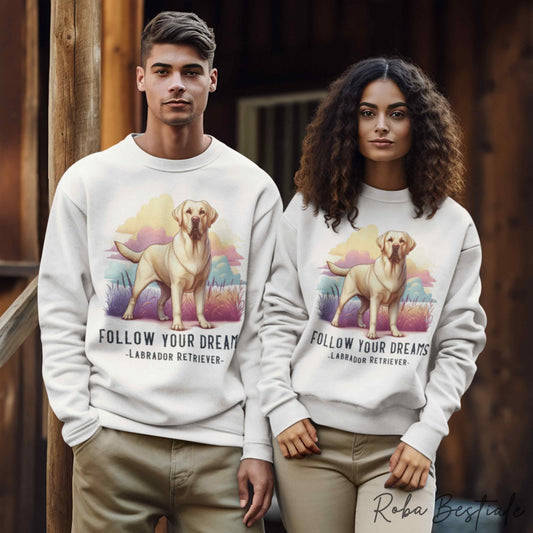 QUOTES "DREAM" Winter Sweatshirt - Yellow LABRADOR RETRIEVER - Crew Neck, Unisex - Off White, White or Grey - XS to 3XL