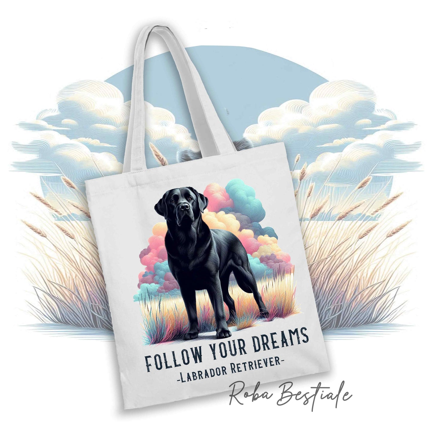 Shopper QUOTES "DREAM" - LABRADOR RETRIEVER Nero - Diversi colori disponibili, 100% Cotone
