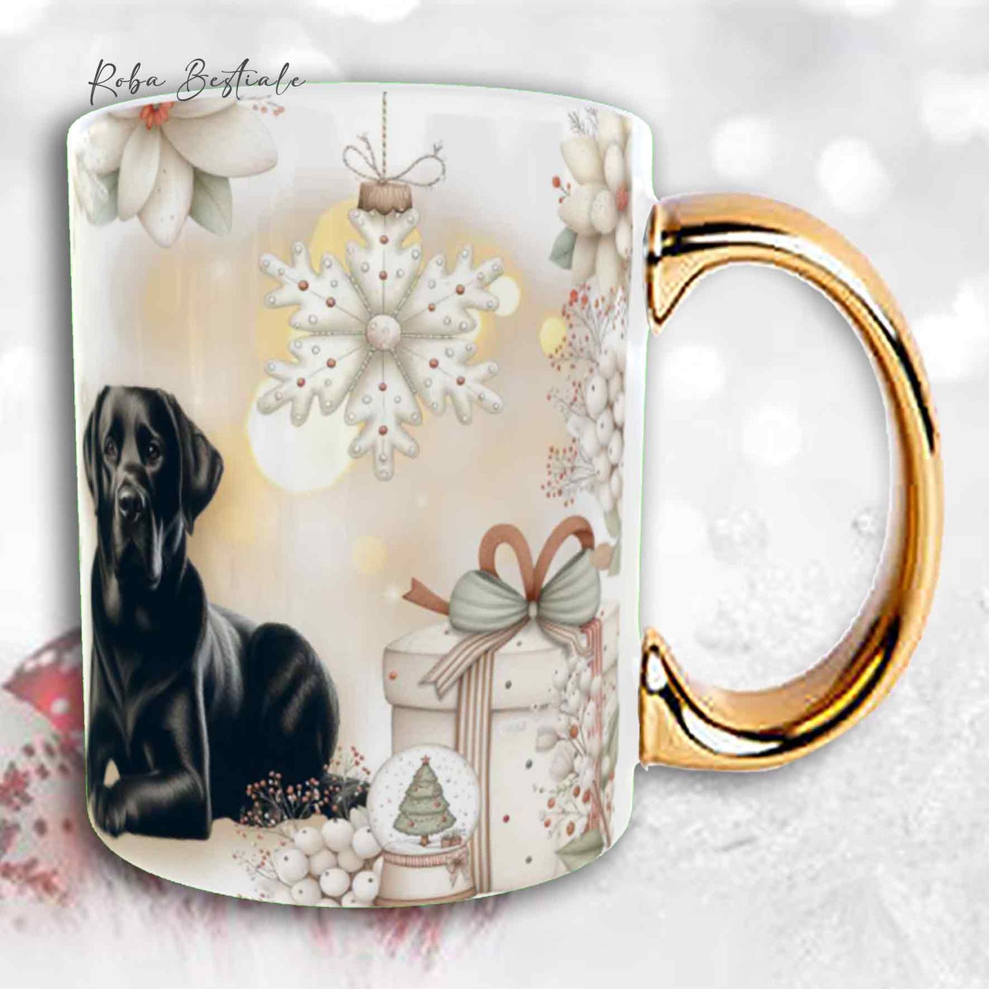 Tazza COZY WINTER - LABRADOR RETRIEVER Nero - In Ceramica, con manico color Oro - 330 ml