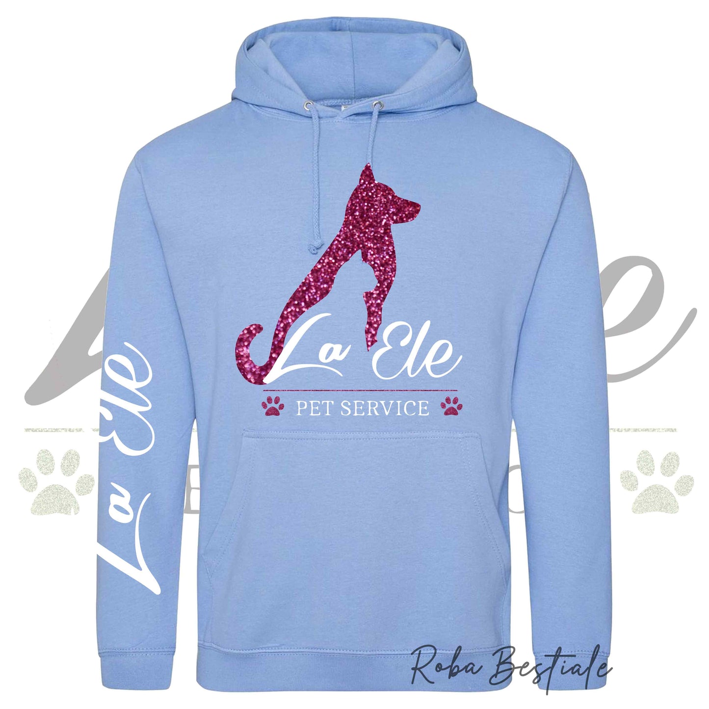 Felpa Invernale LA ELE - Pet Service - Logo GLITTER PINK - Tanti toni di BLU! Con Cappuccio - dalla XS alla 3XL