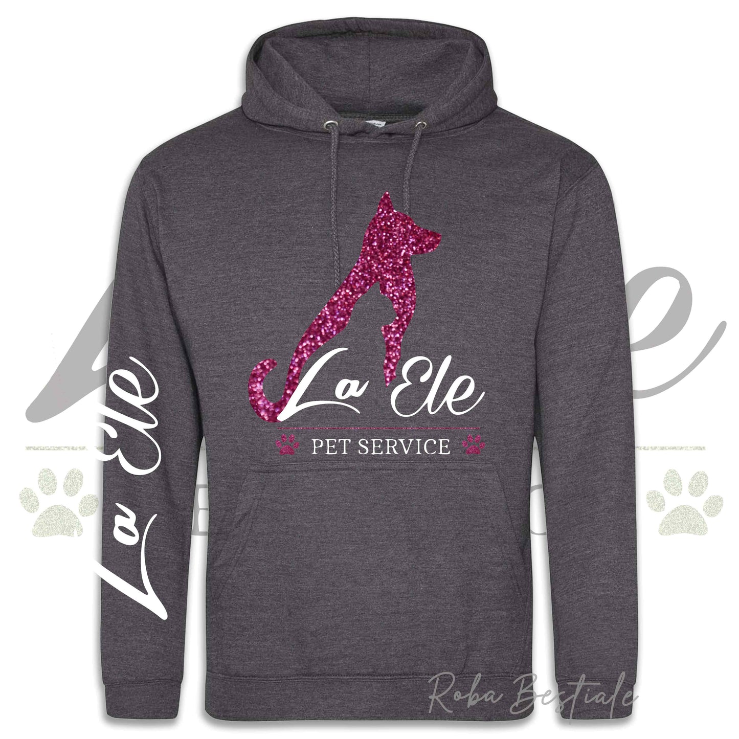 Felpa Invernale LA ELE - Pet Service - Logo GLITTER PINK - Tanti toni di GRIGIO! Con Cappuccio - dalla XS alla 3XL