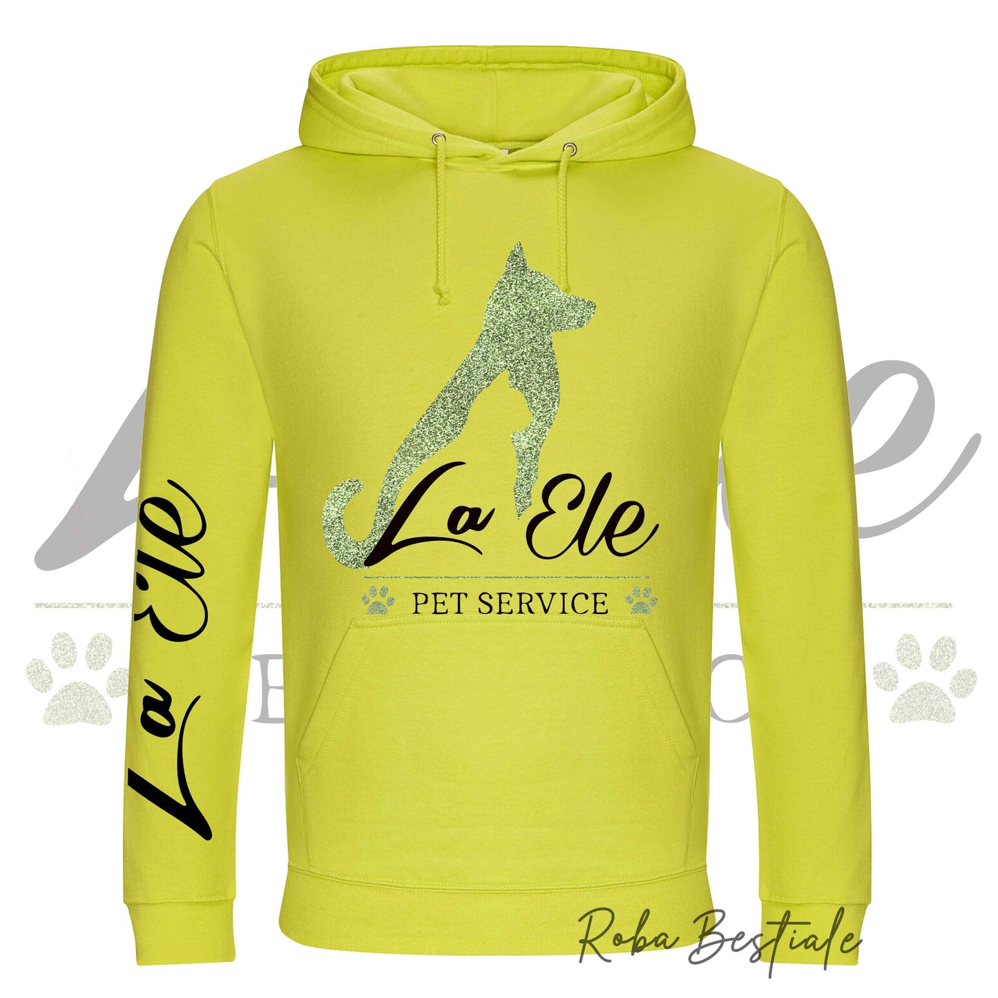 Felpa Invernale LA ELE - Pet Service - Logo GLITTER GREEN - Tanti toni di GIALLO! Con Cappuccio - dalla XS alla 3XL