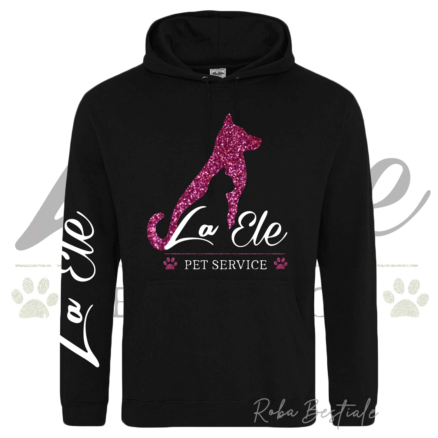 Felpa Invernale LA ELE - Pet Service - Logo GLITTER PINK - Nera o Bianca, con Cappuccio - dalla XS alla 5XL