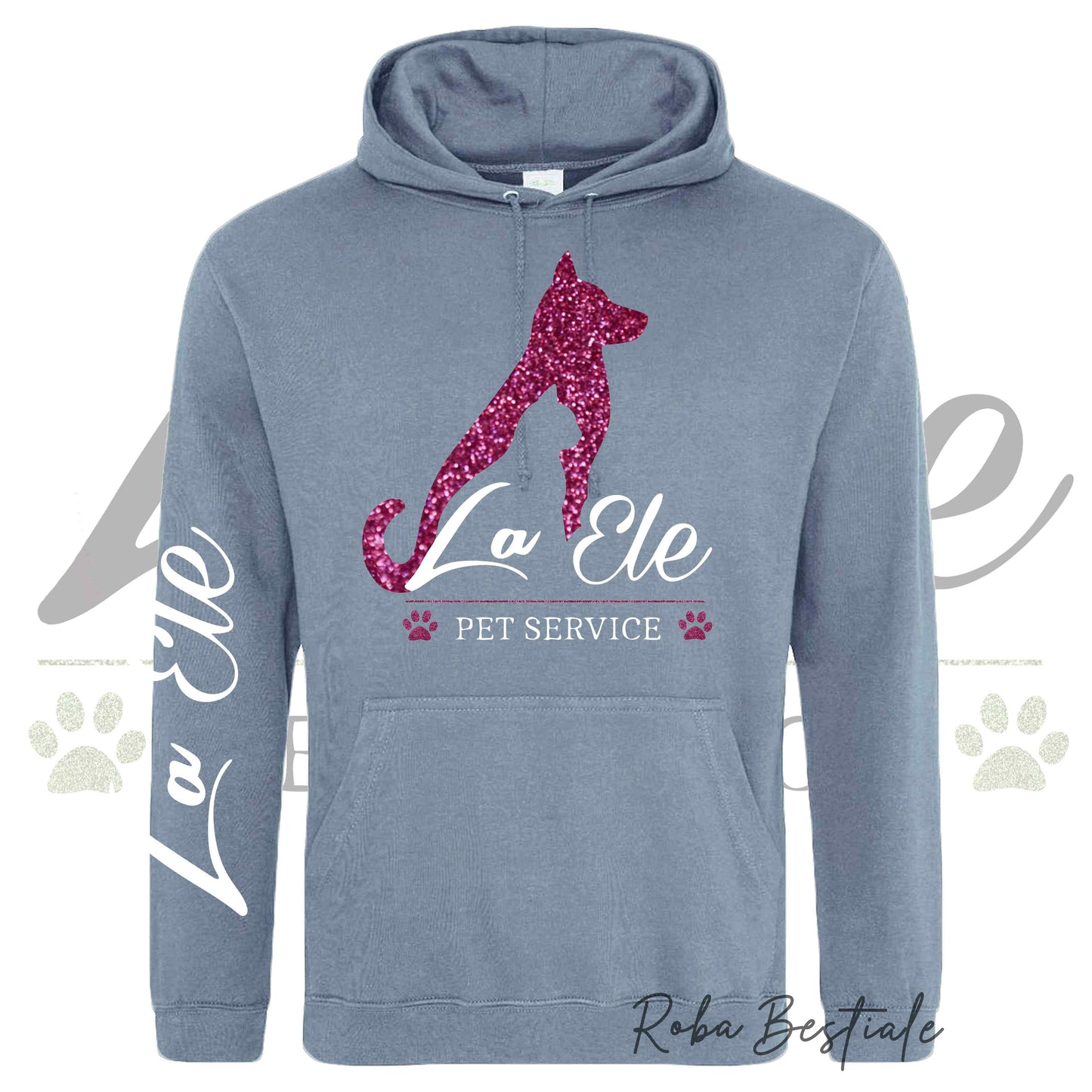 Felpa Invernale LA ELE - Pet Service - Logo GLITTER PINK - Tanti toni di BLU! Con Cappuccio - dalla XS alla 3XL
