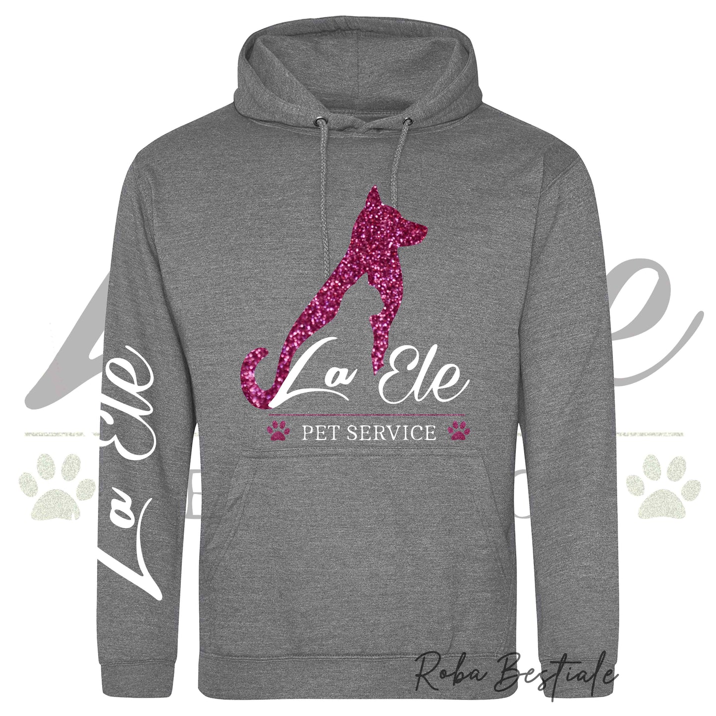 Felpa Invernale LA ELE - Pet Service - Logo GLITTER PINK - Tanti toni di GRIGIO! Con Cappuccio - dalla XS alla 3XL