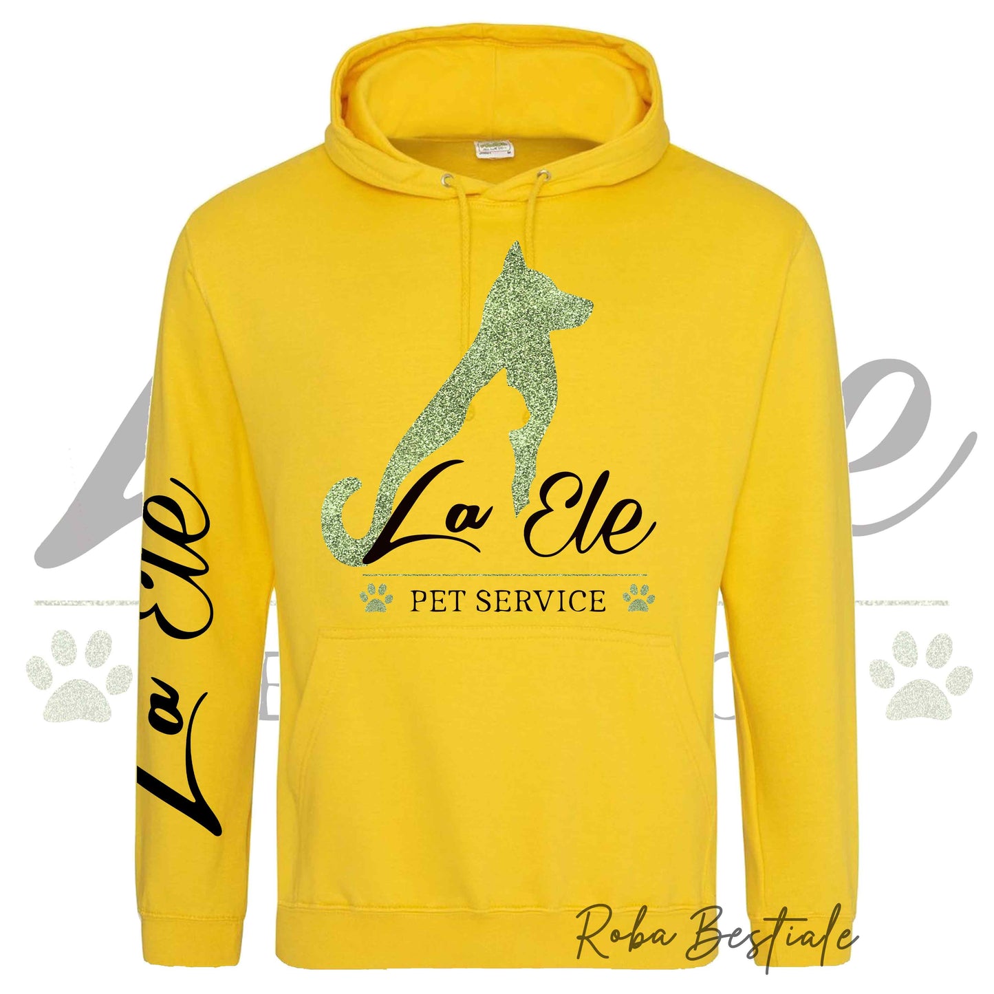 Felpa Invernale LA ELE - Pet Service - Logo GLITTER GREEN - Tanti toni di GIALLO! Con Cappuccio - dalla XS alla 3XL