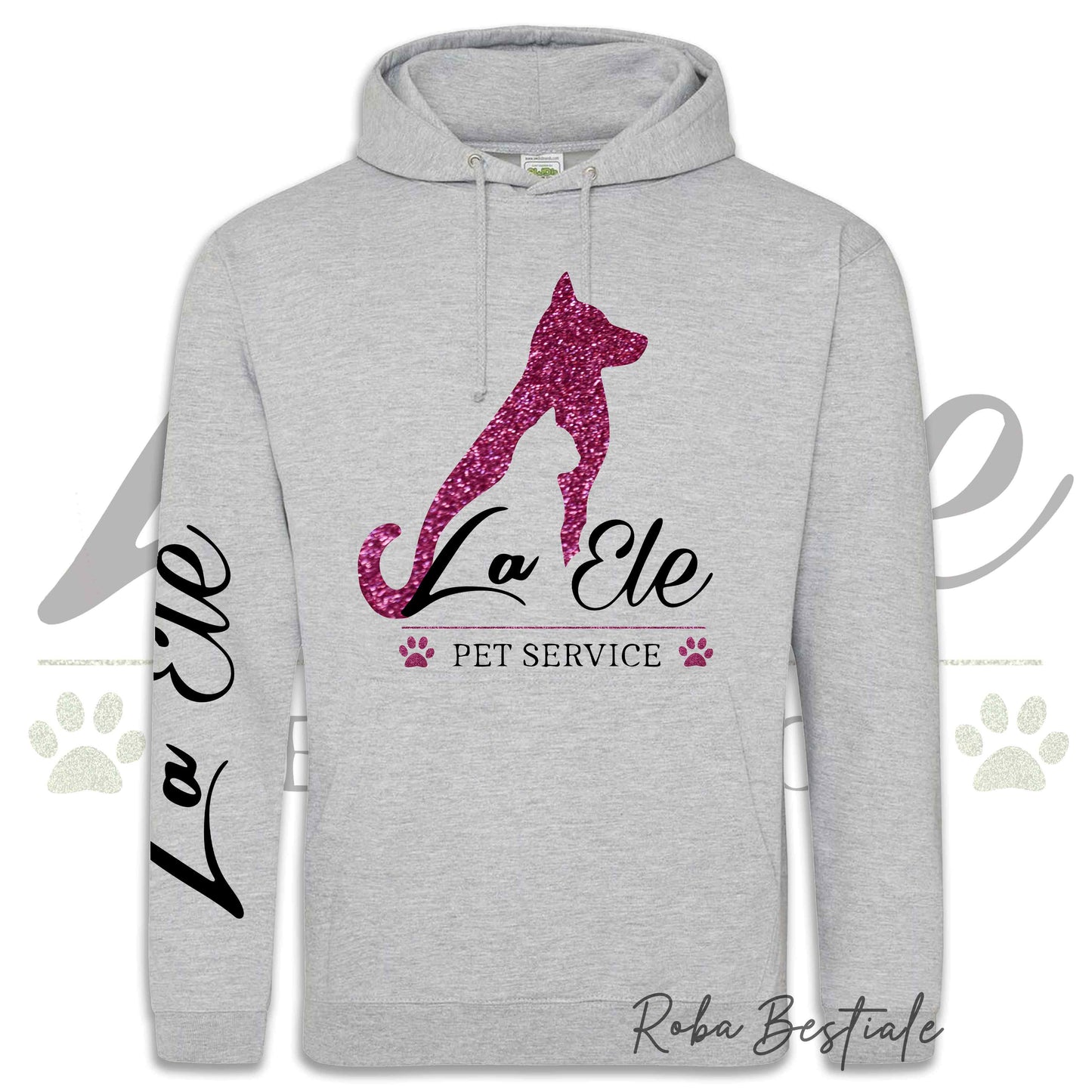 Felpa Invernale LA ELE - Pet Service - Logo GLITTER PINK - Tanti toni di GRIGIO! Con Cappuccio - dalla XS alla 3XL