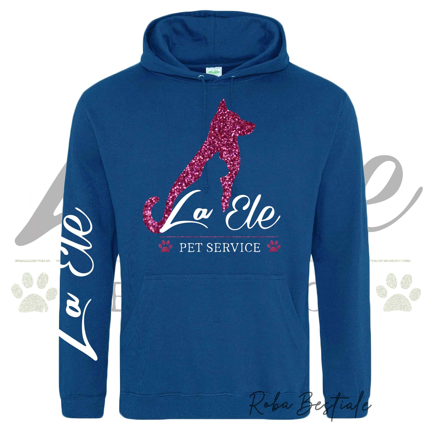 Felpa Invernale LA ELE - Pet Service - Logo GLITTER PINK - Tanti toni di BLU! Con Cappuccio - dalla XS alla 3XL