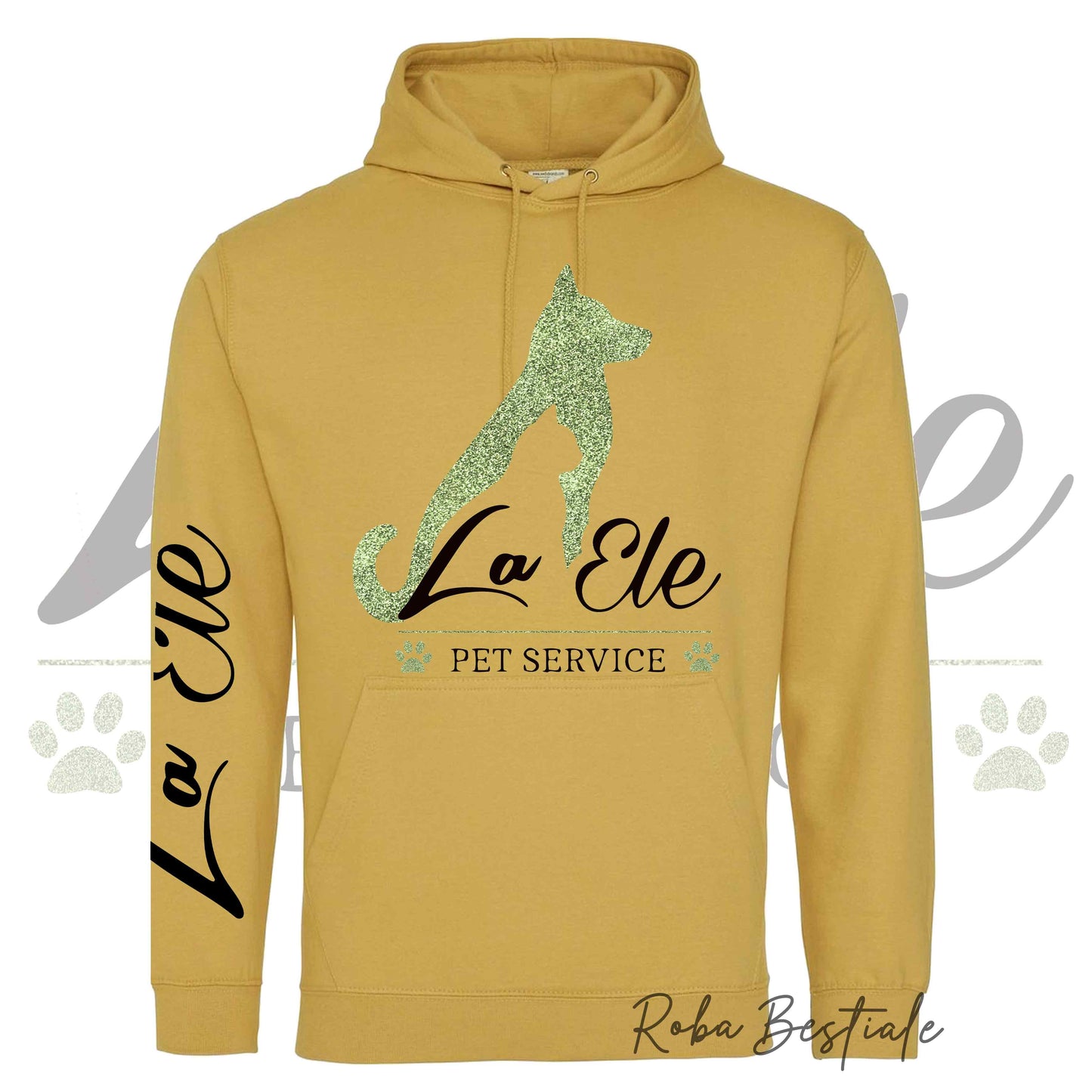 Felpa Invernale LA ELE - Pet Service - Logo GLITTER GREEN - Tanti toni di GIALLO! Con Cappuccio - dalla XS alla 3XL