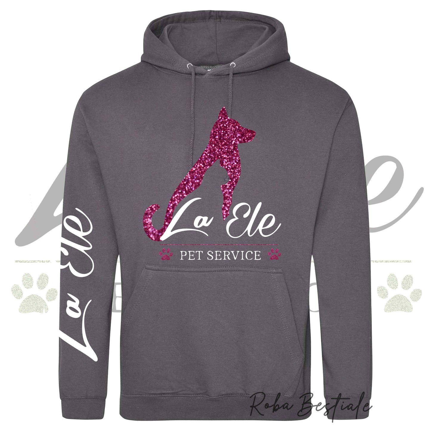 Felpa Invernale LA ELE - Pet Service - Logo GLITTER PINK - Tanti toni di GRIGIO! Con Cappuccio - dalla XS alla 3XL