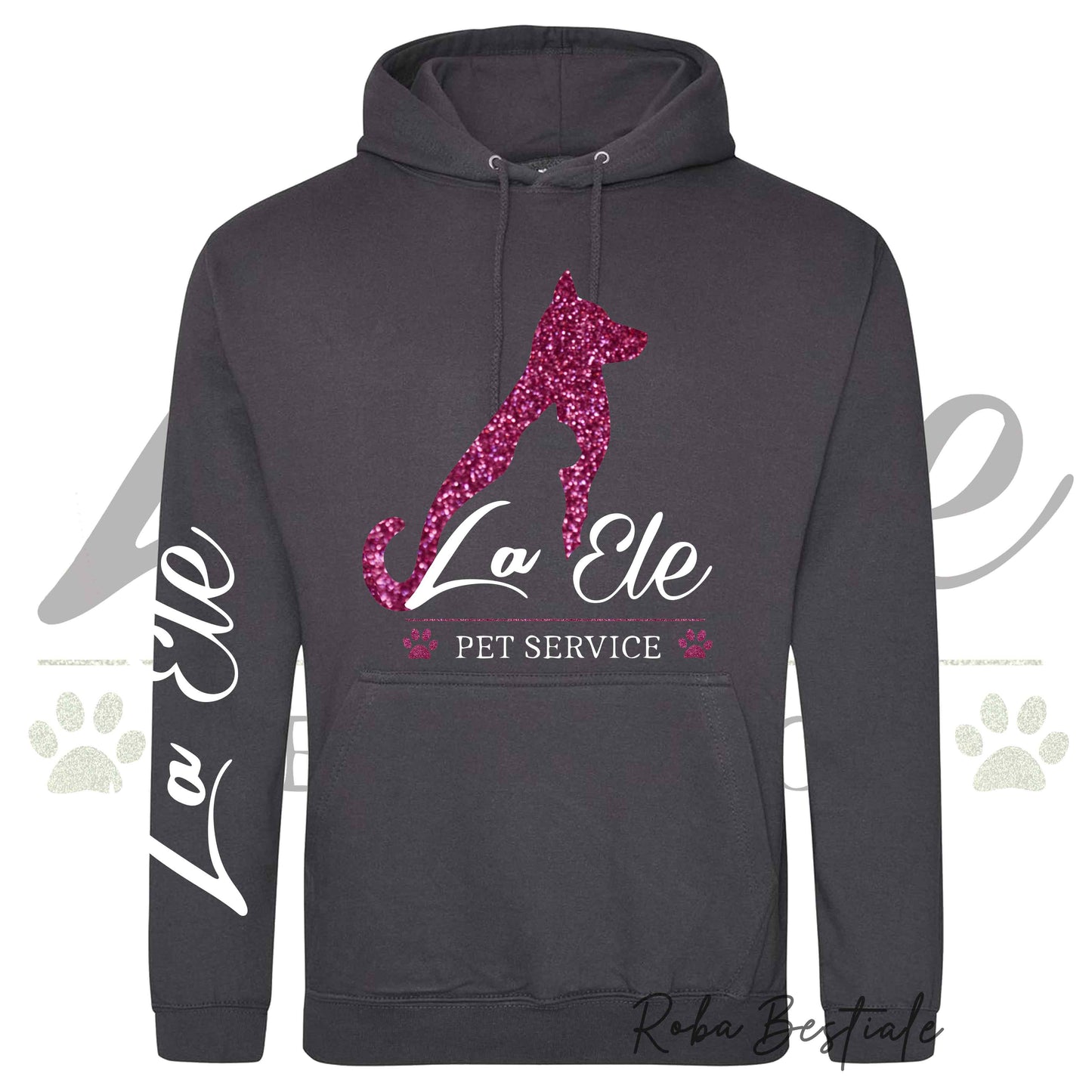 Felpa Invernale LA ELE - Pet Service - Logo GLITTER PINK - Tanti toni di GRIGIO! Con Cappuccio - dalla XS alla 3XL