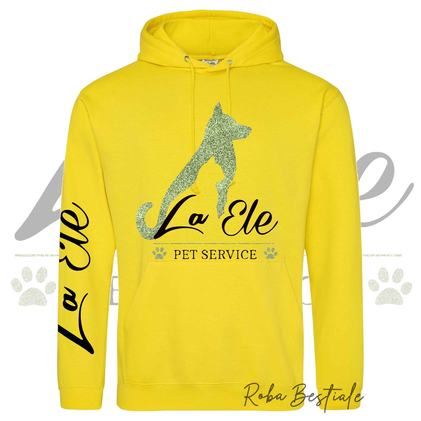 Felpa Invernale LA ELE - Pet Service - Logo GLITTER GREEN - Tanti toni di GIALLO! Con Cappuccio - dalla XS alla 3XL