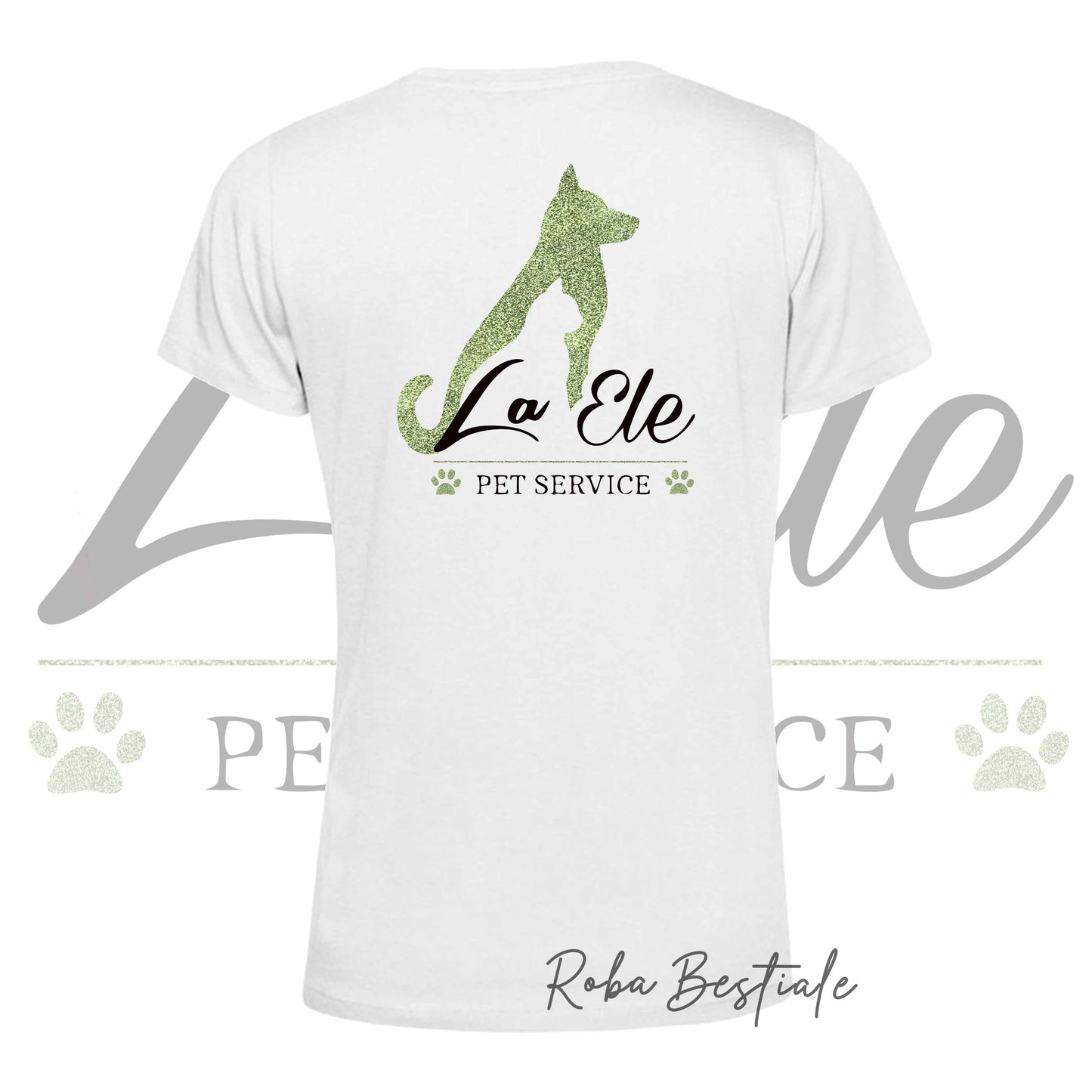 T-Shirt LA ELE - Pet Service - Logo GLITTER GREEN - 100% Cotone, NERA, BIANCA o GRIGIA, Uomo o Donna - dalla XS alla 5XL