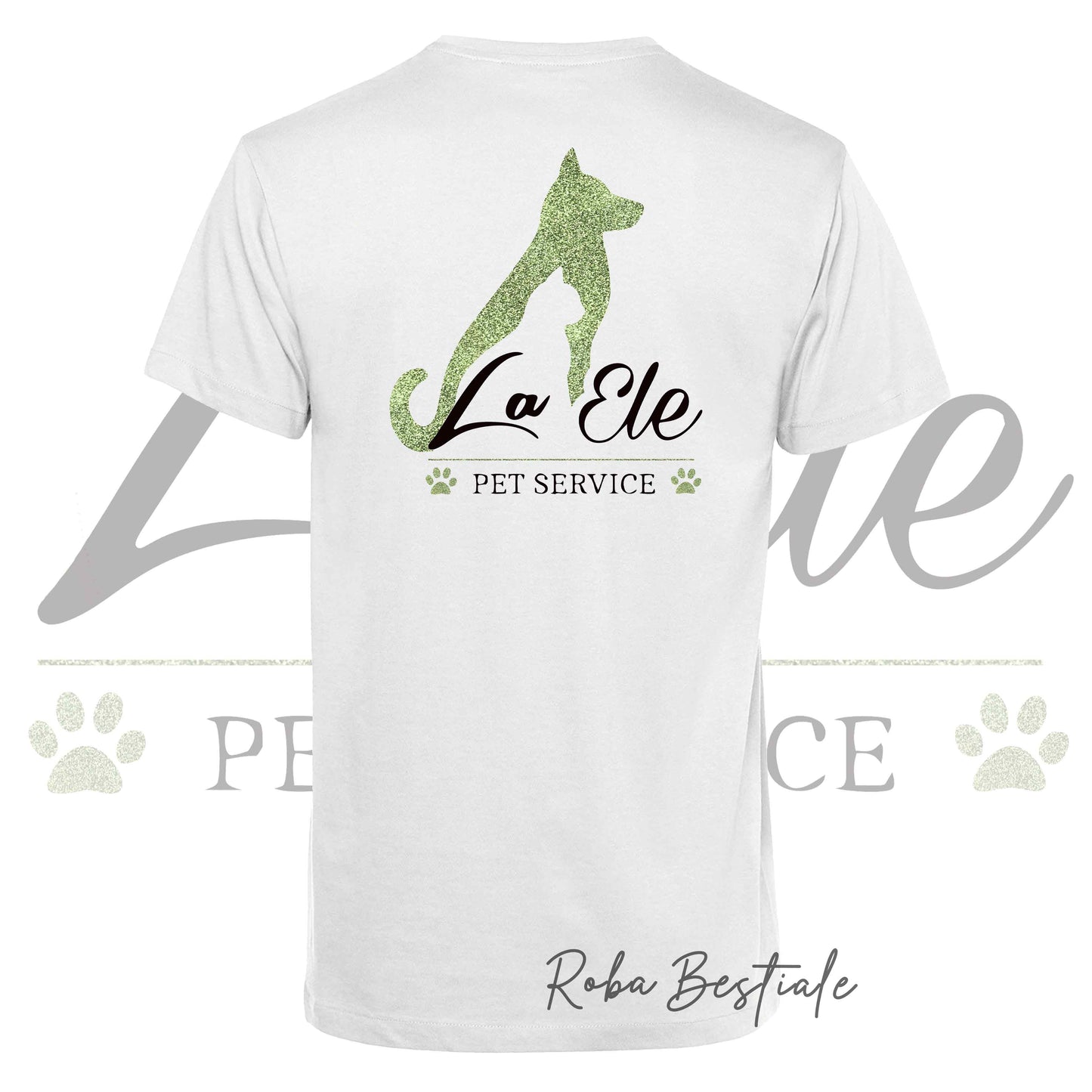 T-Shirt LA ELE - Pet Service - Logo GLITTER GREEN - 100% Cotone, NERA, BIANCA o GRIGIA, Uomo o Donna - dalla XS alla 5XL