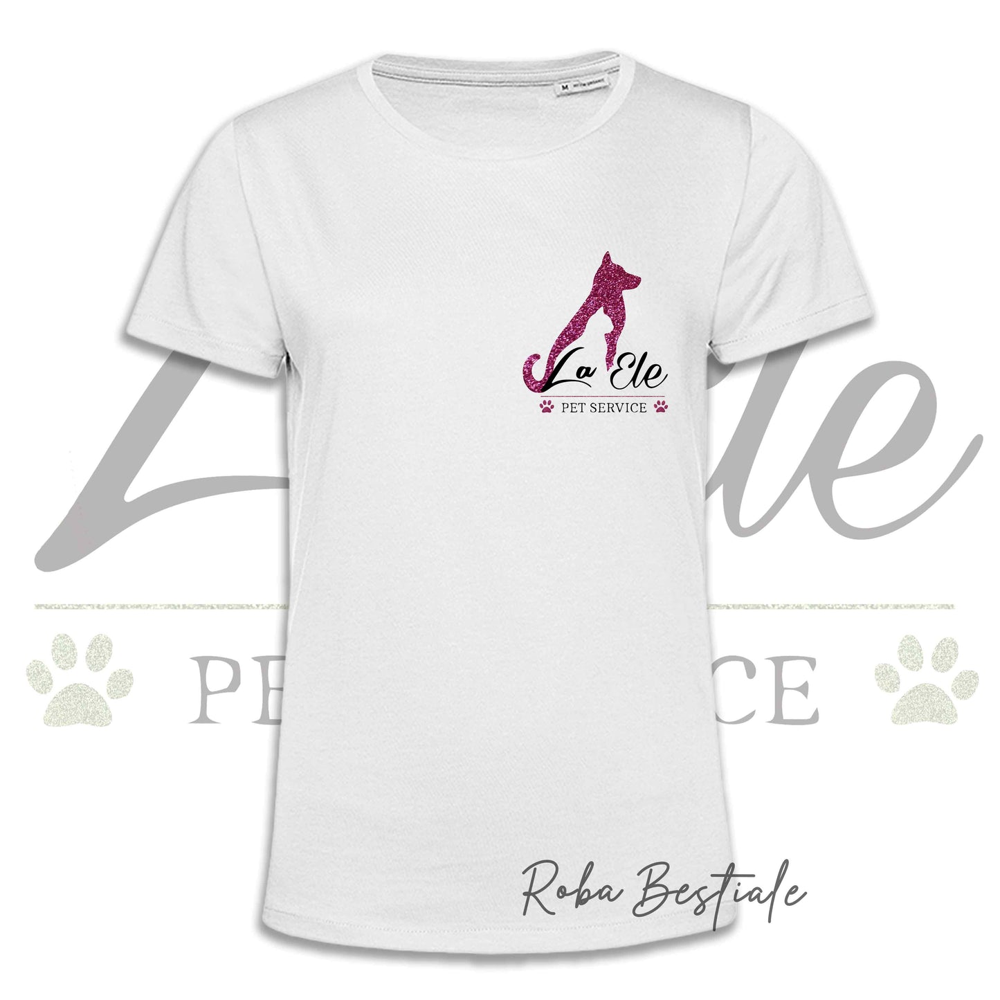 T-Shirt LA ELE - Pet Service - Logo GLITTER PINK - 100% Cotone, NERA, BIANCA o GRIGIA, Uomo o Donna - dalla XS alla 5XL