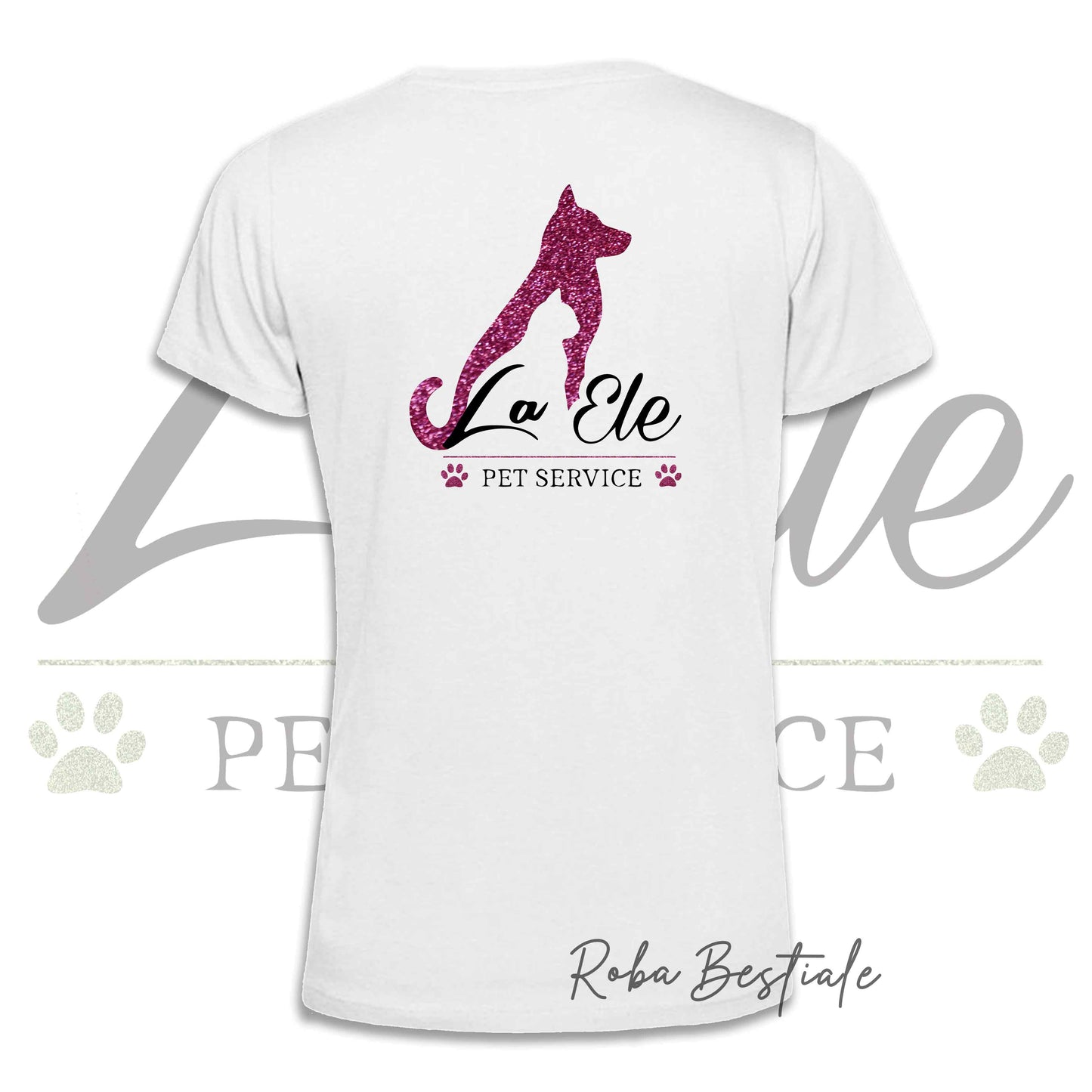 T-Shirt LA ELE - Pet Service - Logo GLITTER PINK - 100% Cotone, NERA, BIANCA o GRIGIA, Uomo o Donna - dalla XS alla 5XL