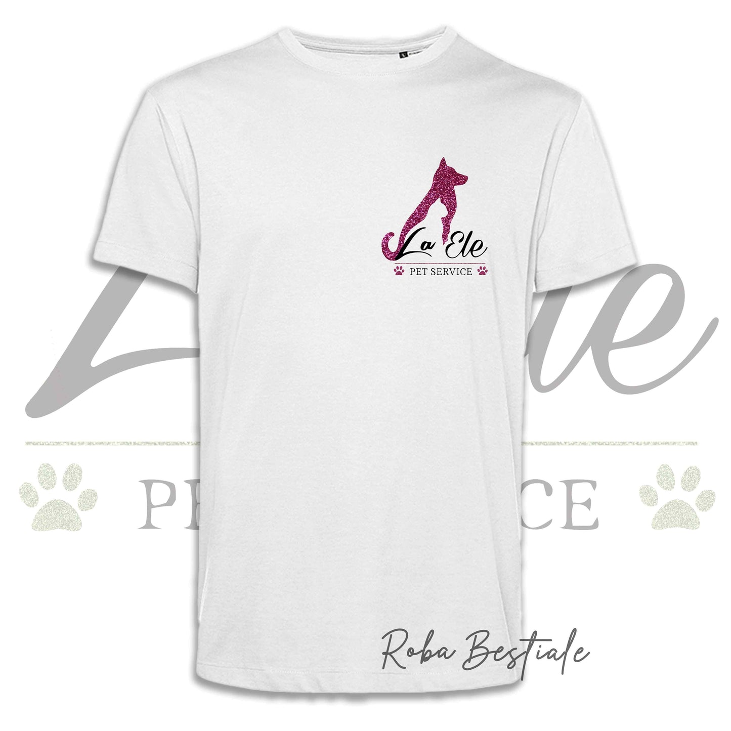 T-Shirt LA ELE - Pet Service - Logo GLITTER PINK - 100% Cotone, NERA, BIANCA o GRIGIA, Uomo o Donna - dalla XS alla 5XL