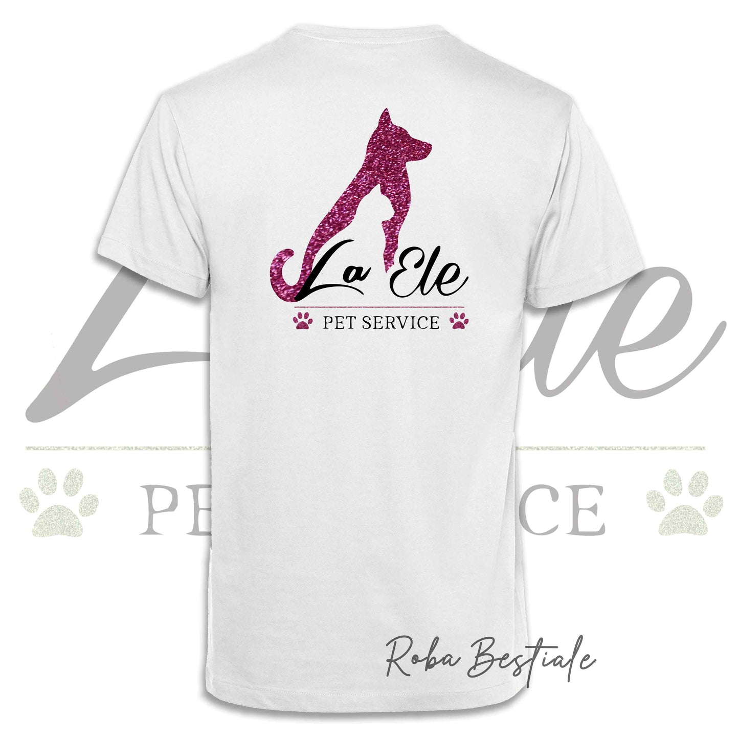 T-Shirt LA ELE - Pet Service - Logo GLITTER PINK - 100% Cotone, NERA, BIANCA o GRIGIA, Uomo o Donna - dalla XS alla 5XL