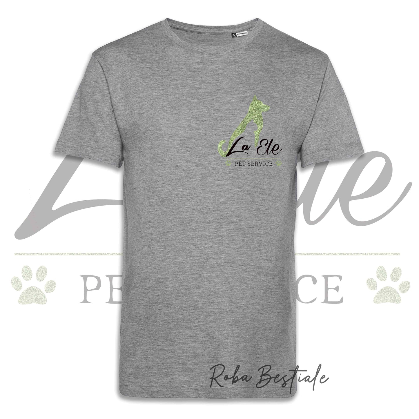 T-Shirt LA ELE - Pet Service - Logo GLITTER GREEN - 100% Cotone, NERA, BIANCA o GRIGIA, Uomo o Donna - dalla XS alla 5XL
