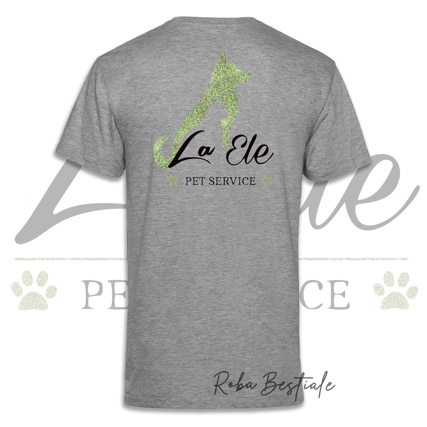 T-Shirt LA ELE - Pet Service - Logo GLITTER GREEN - 100% Cotone, NERA, BIANCA o GRIGIA, Uomo o Donna - dalla XS alla 5XL