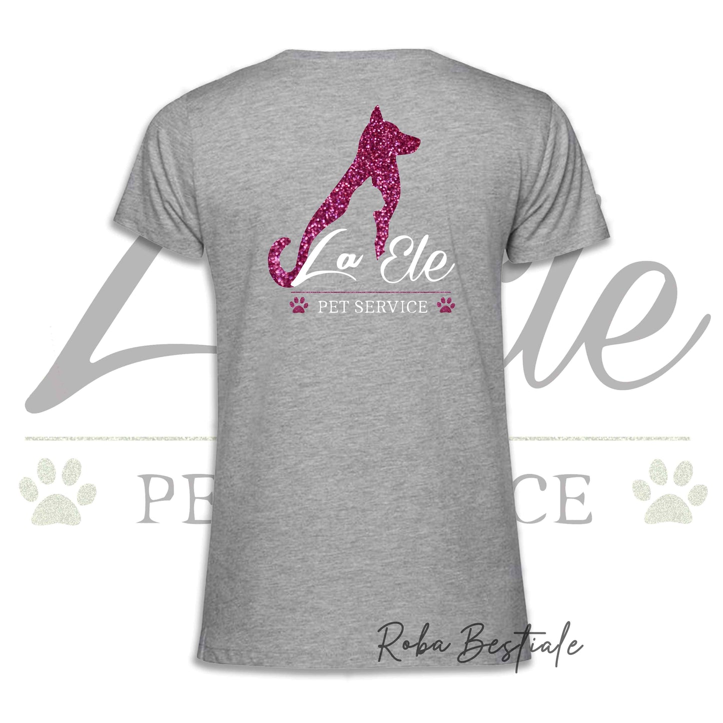 T-Shirt LA ELE - Pet Service - Logo GLITTER PINK - 100% Cotone, NERA, BIANCA o GRIGIA, Uomo o Donna - dalla XS alla 5XL