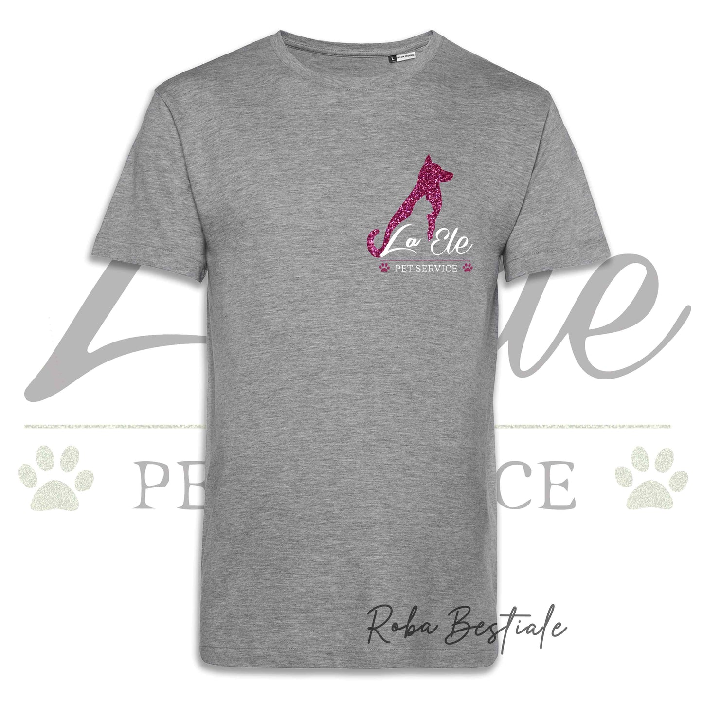 T-Shirt LA ELE - Pet Service - Logo GLITTER PINK - 100% Cotone, NERA, BIANCA o GRIGIA, Uomo o Donna - dalla XS alla 5XL