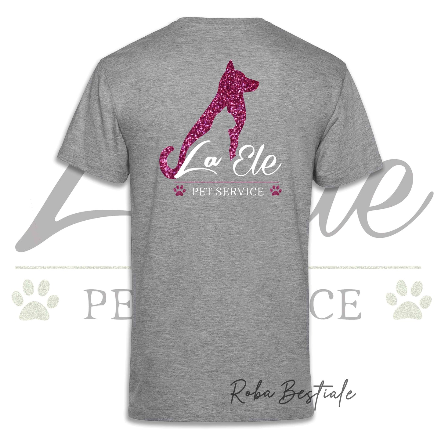 T-Shirt LA ELE - Pet Service - Logo GLITTER PINK - 100% Cotone, NERA, BIANCA o GRIGIA, Uomo o Donna - dalla XS alla 5XL