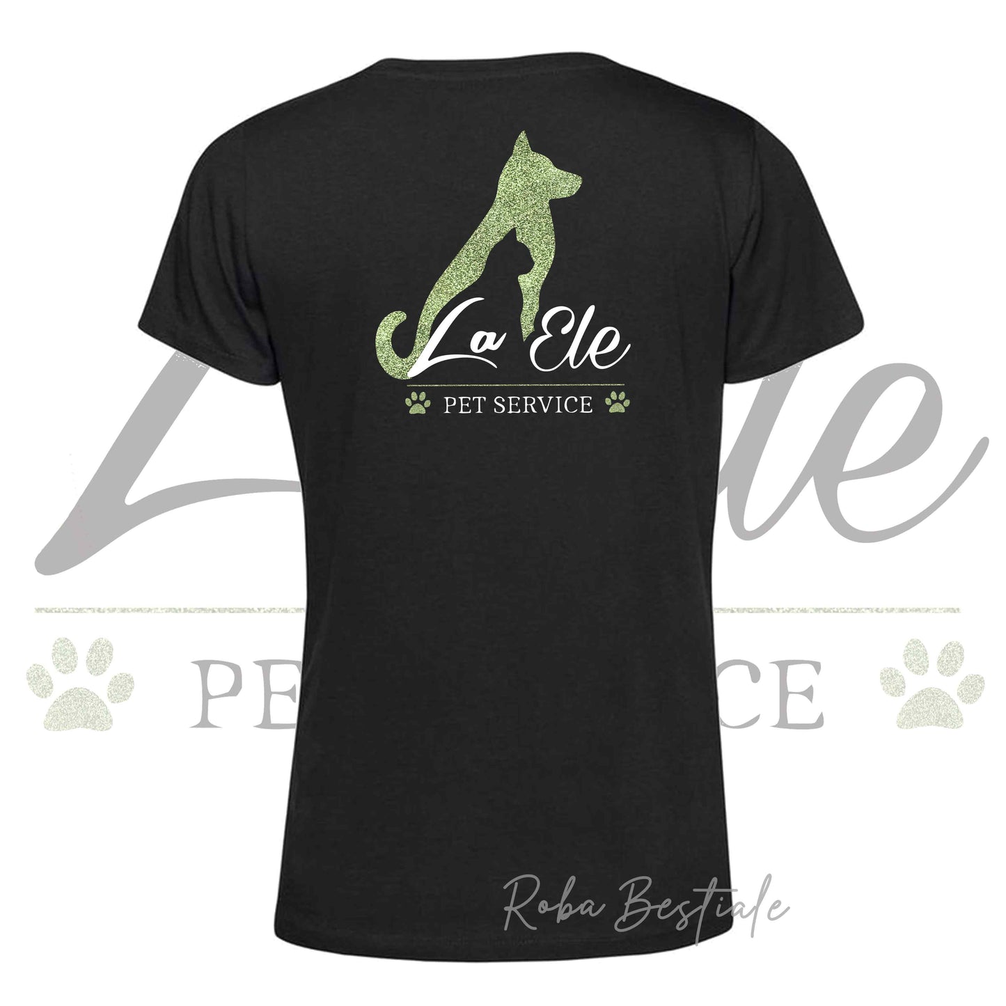 T-Shirt LA ELE - Pet Service - Logo GLITTER GREEN - 100% Cotone, NERA, BIANCA o GRIGIA, Uomo o Donna - dalla XS alla 5XL