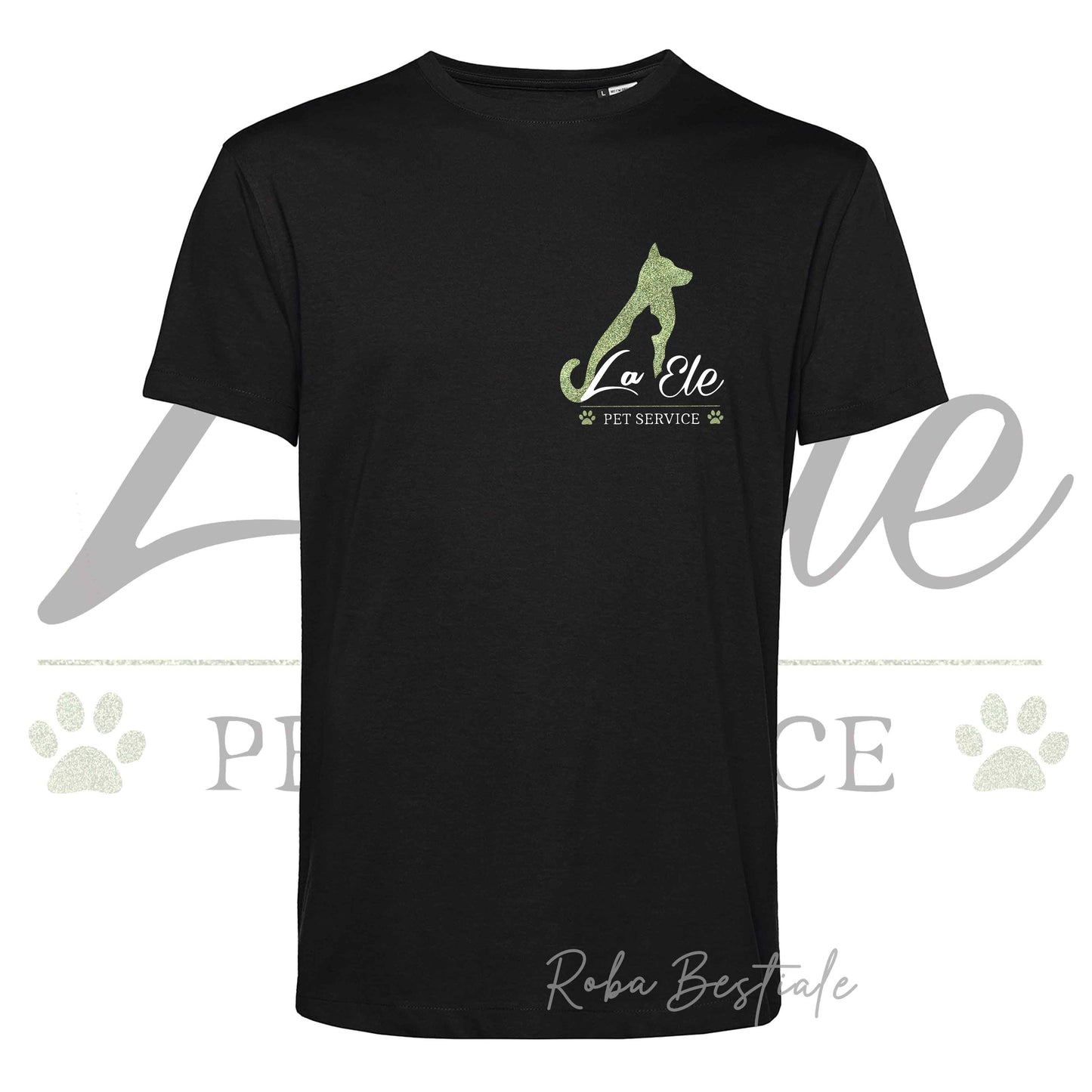 T-Shirt LA ELE - Pet Service - Logo GLITTER GREEN - 100% Cotone, NERA, BIANCA o GRIGIA, Uomo o Donna - dalla XS alla 5XL