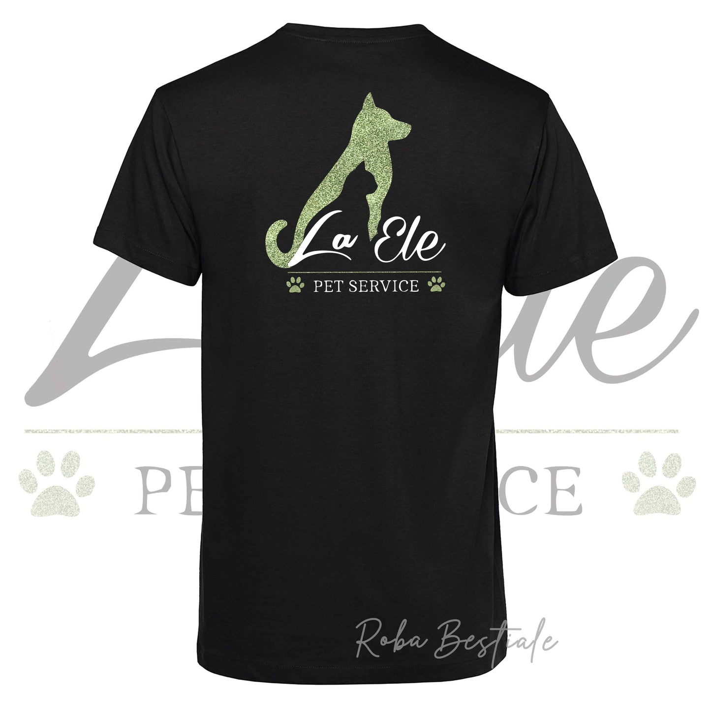 T-Shirt LA ELE - Pet Service - Logo GLITTER GREEN - 100% Cotone, NERA, BIANCA o GRIGIA, Uomo o Donna - dalla XS alla 5XL