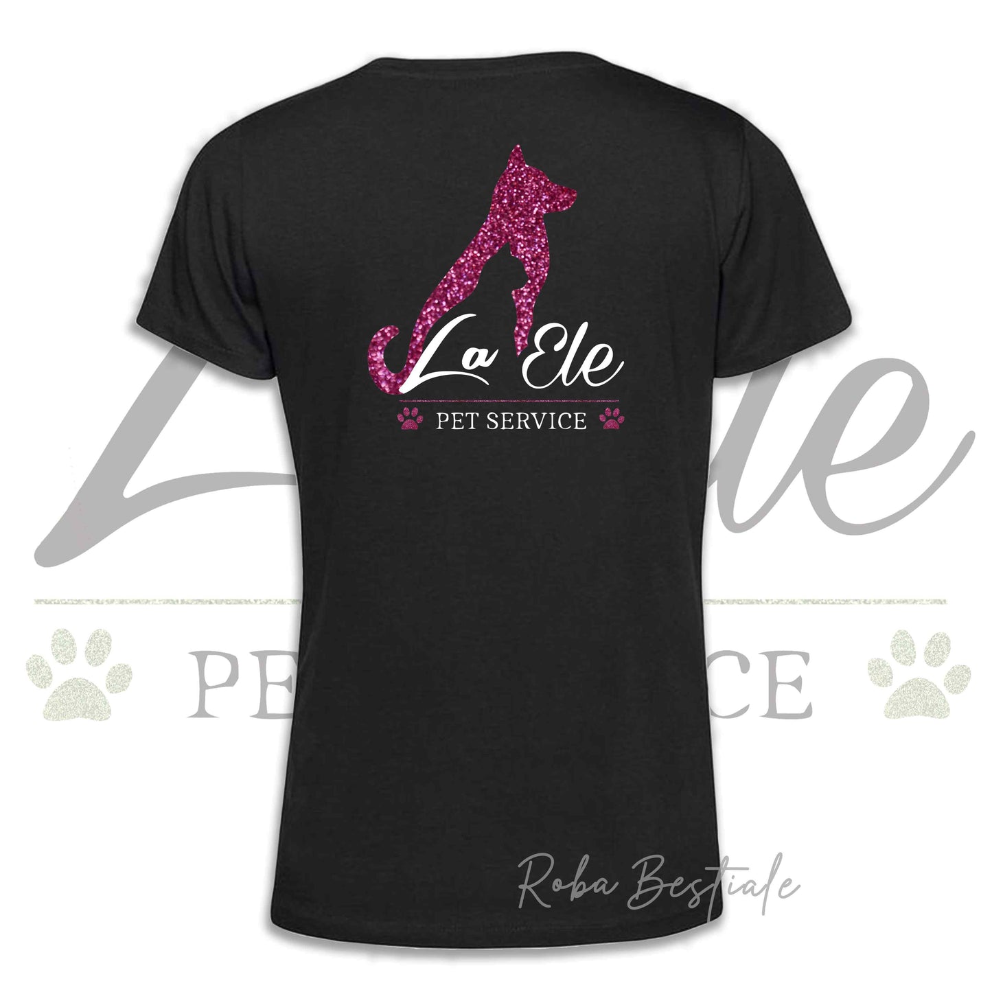 T-Shirt LA ELE - Pet Service - Logo GLITTER PINK - 100% Cotone, NERA, BIANCA o GRIGIA, Uomo o Donna - dalla XS alla 5XL