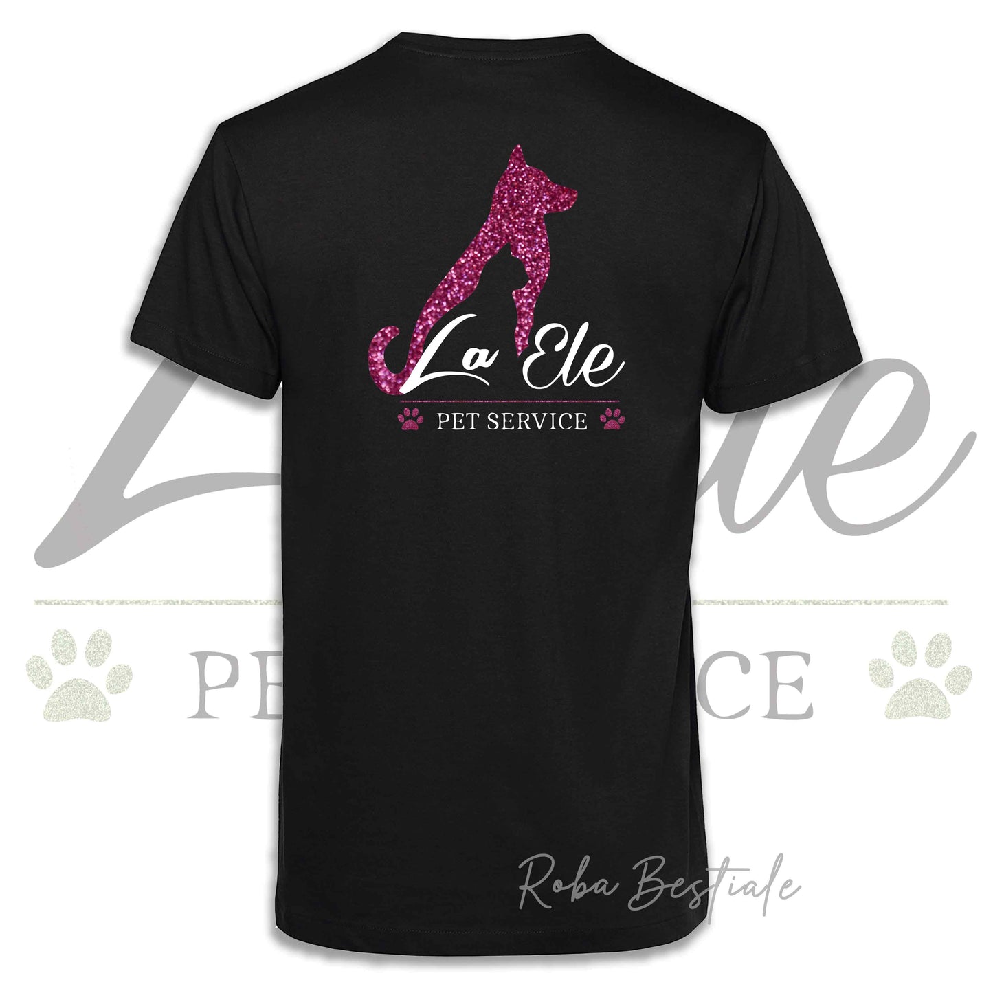 T-Shirt LA ELE - Pet Service - Logo GLITTER PINK - 100% Cotone, NERA, BIANCA o GRIGIA, Uomo o Donna - dalla XS alla 5XL